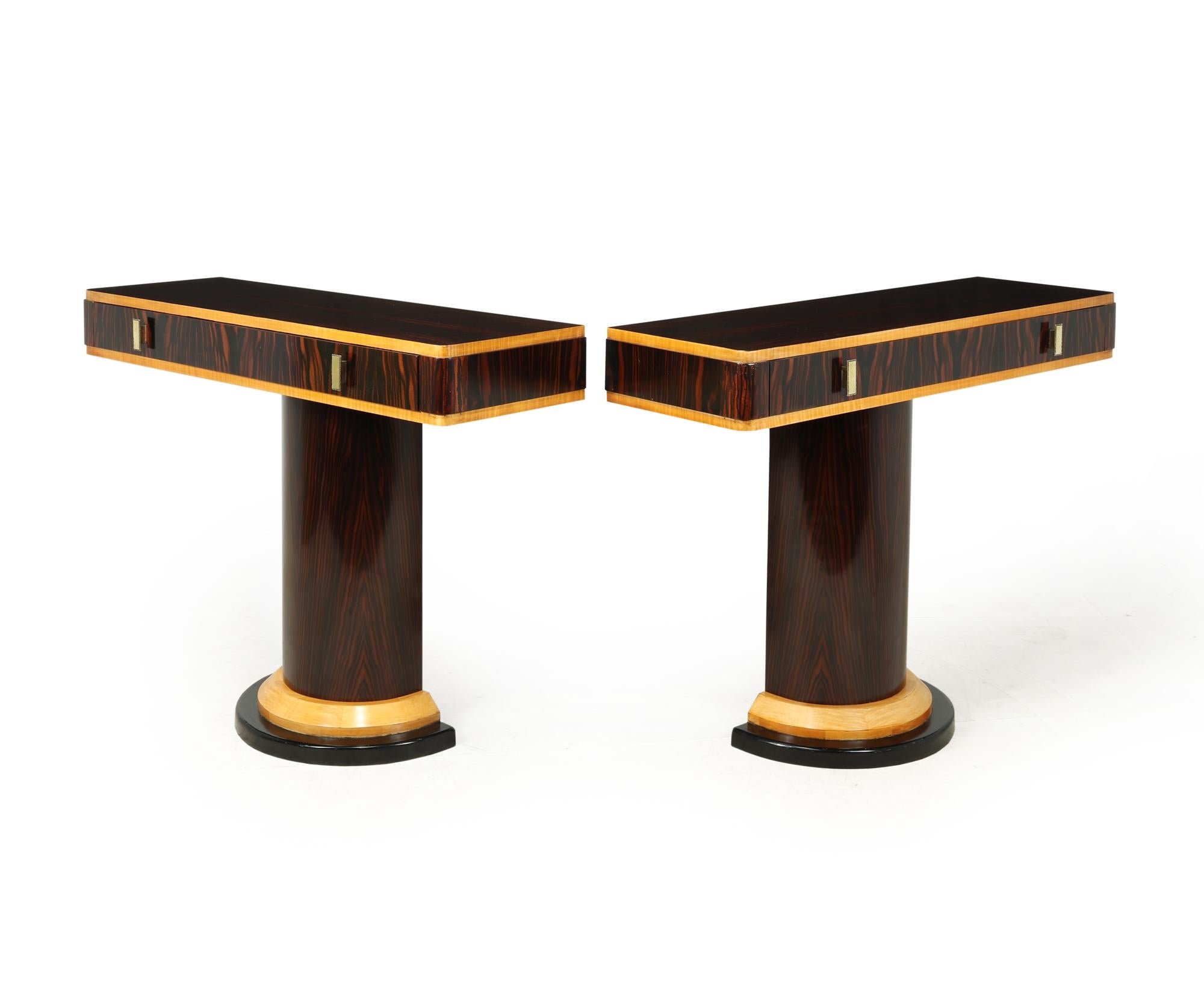 Early 20th Century Pair of French Art Deco Console Tables in Macassar Ebony, c1925