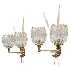 A pair of French Art Deco Heavy Crystal and Brass Wall Lights  A