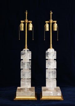 A Pair of French Art Deco Period Rock Crystal and Giltwood Square Lamps