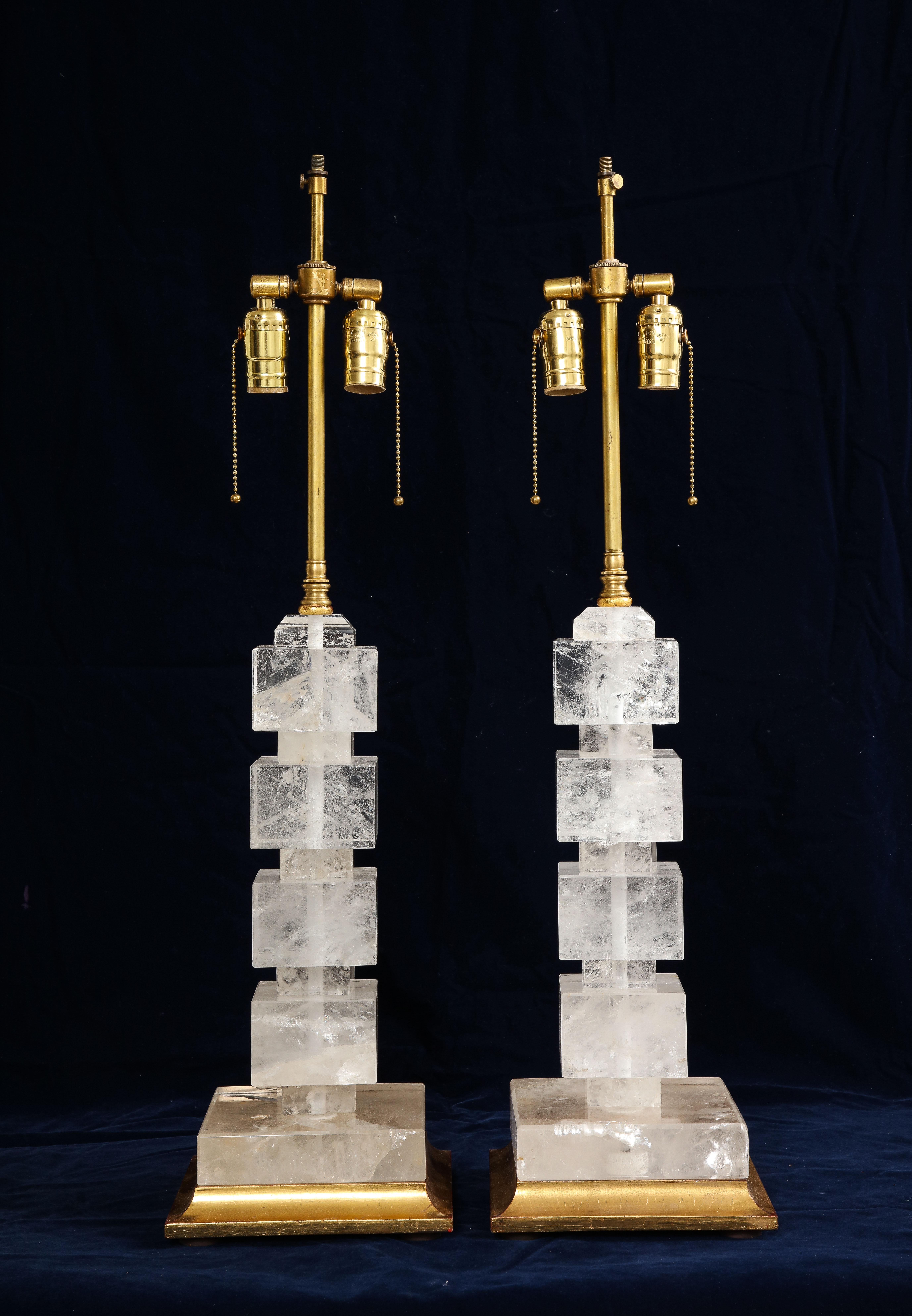 Hand-Carved A Pair of French Art Deco Period Rock Crystal and Giltwood Square Lamps For Sale
