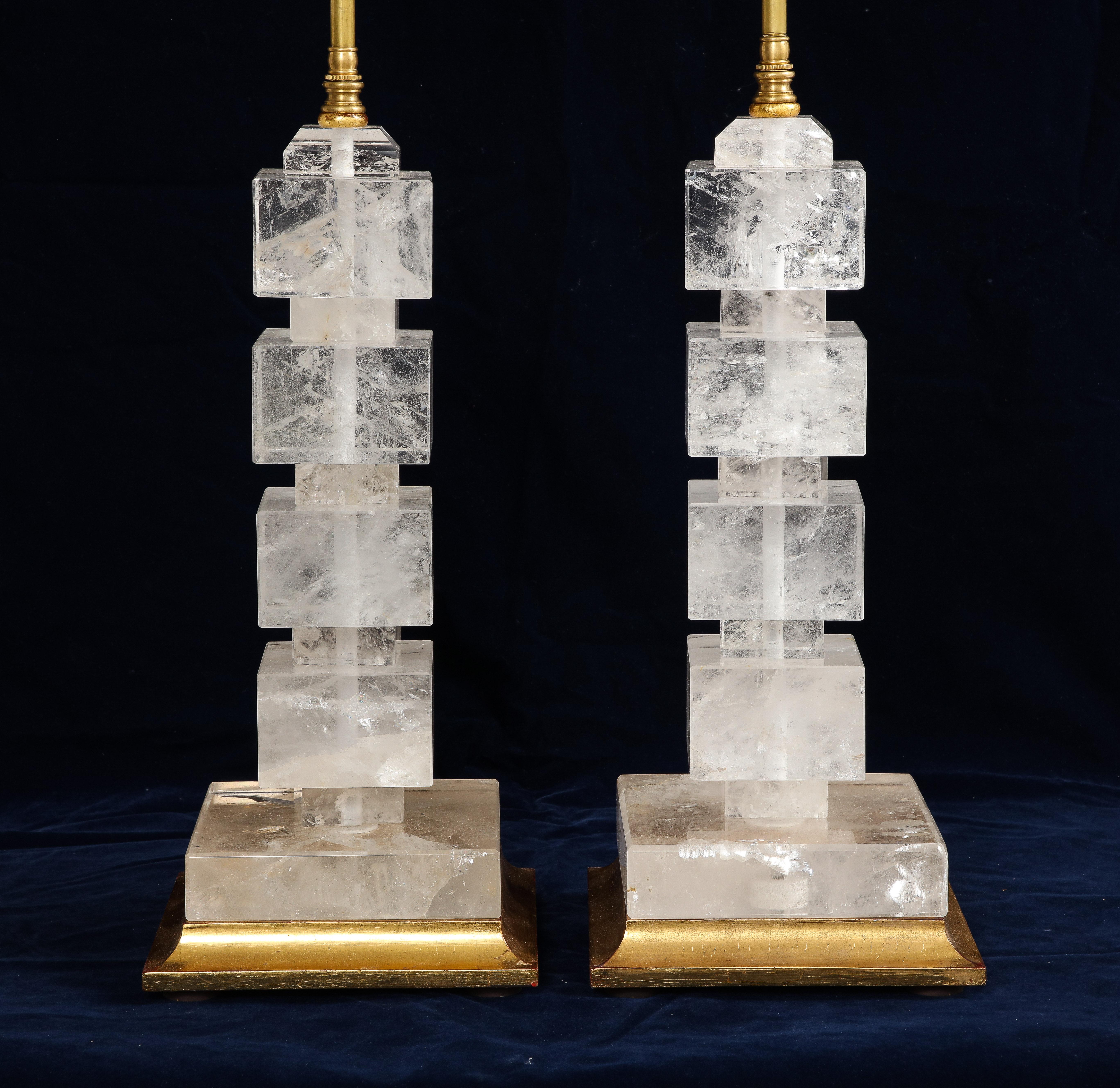 A Pair of French Art Deco Period Rock Crystal and Giltwood Square Lamps For Sale 2