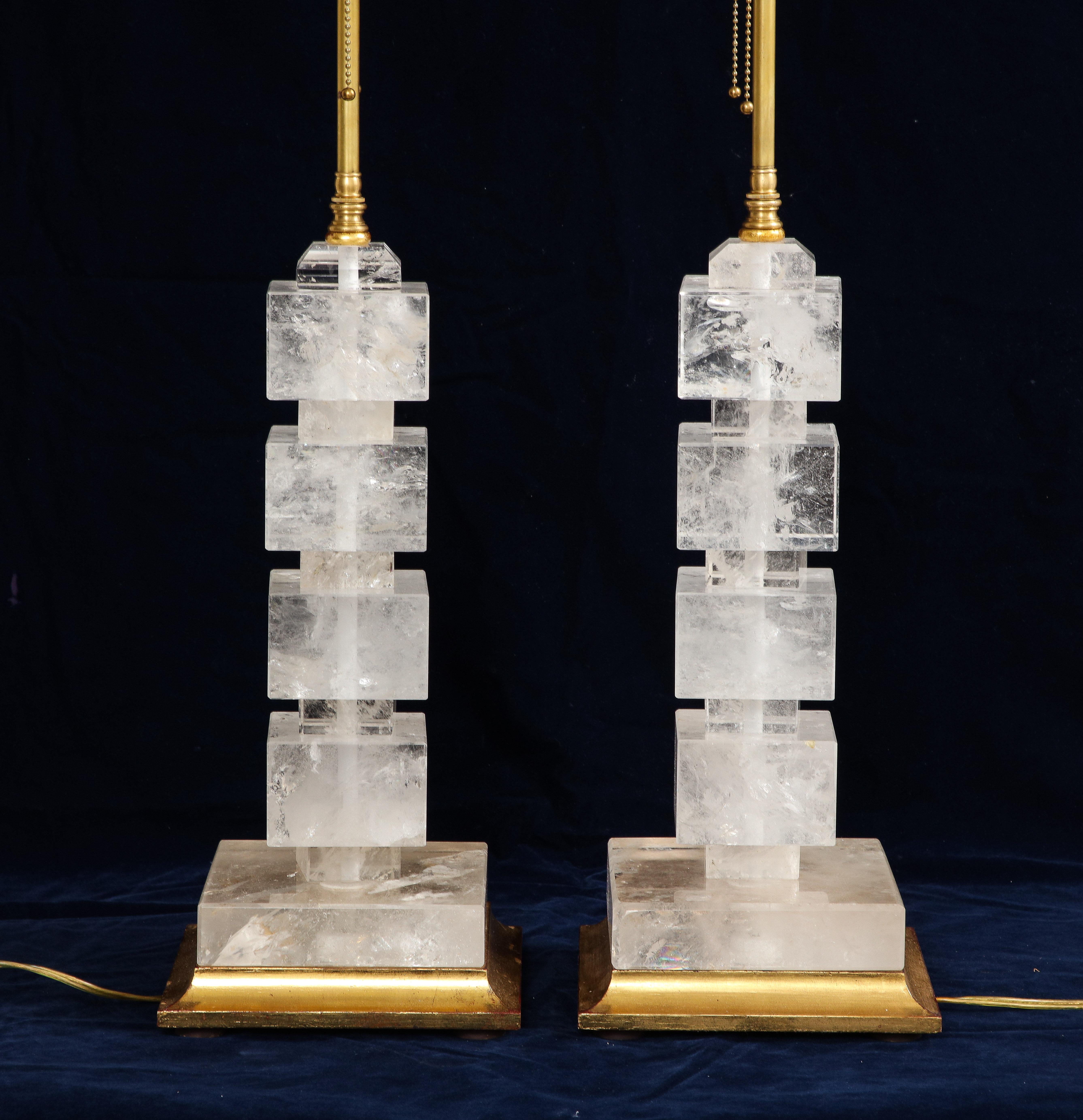 A Pair of French Art Deco Period Rock Crystal and Giltwood Square Lamps For Sale 2