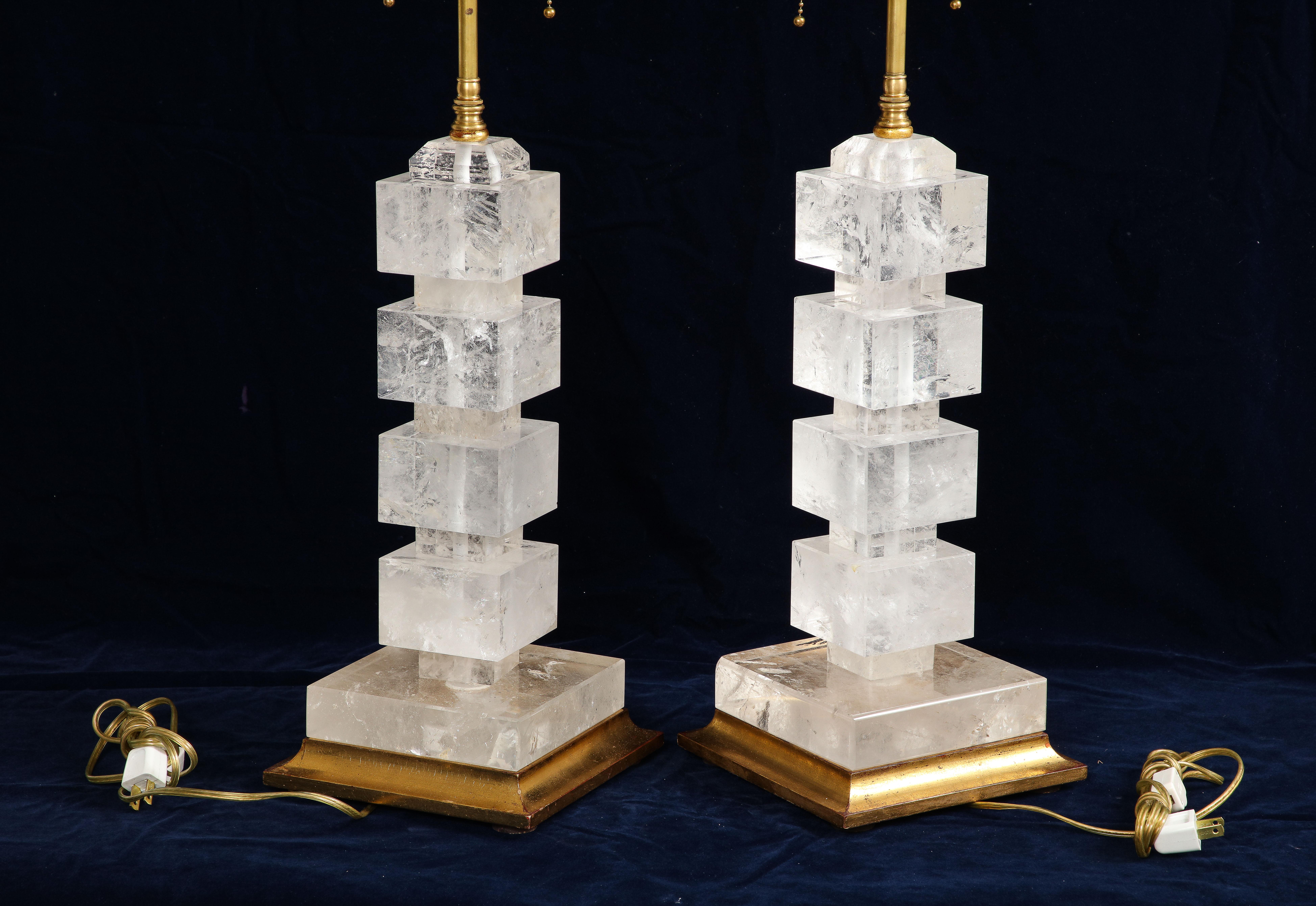 A Pair of French Art Deco Period Rock Crystal and Giltwood Square Lamps For Sale 3