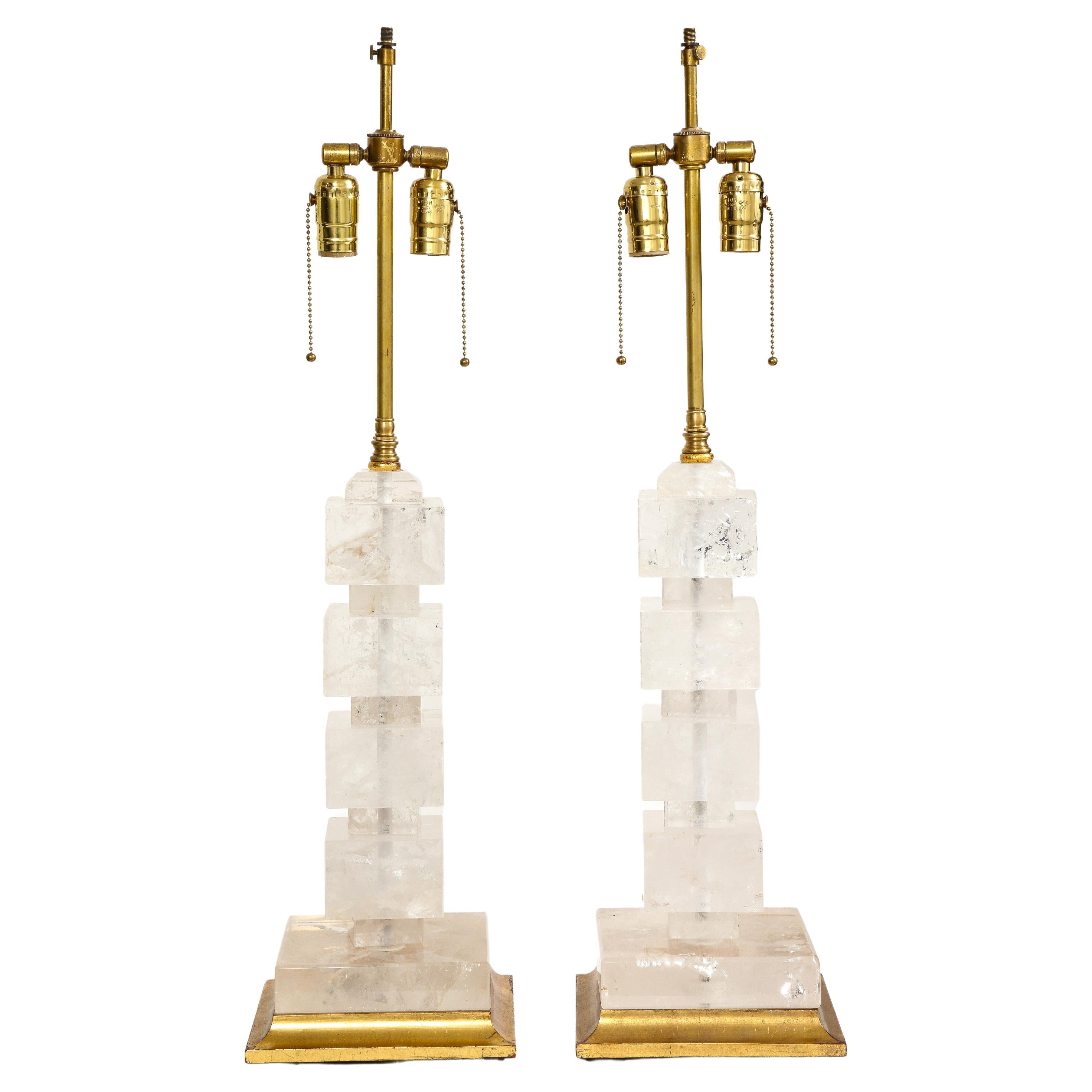 A Pair of French Art Deco Period Rock Crystal and Giltwood Square Lamps For Sale