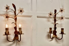 Pair of French Art Deco Pink Glass and Toleware Gilded Wall Lights
