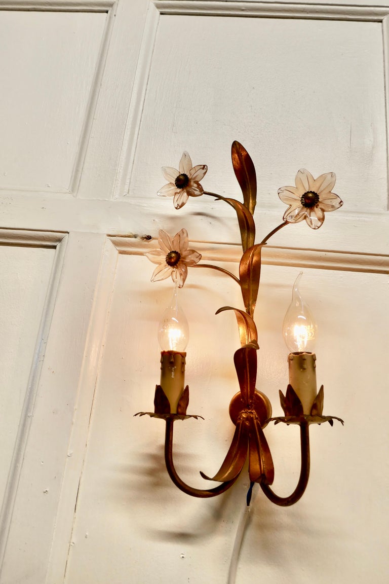 Pair of French Art Deco Pink Glass and Toleware Gilded Wall Lights For