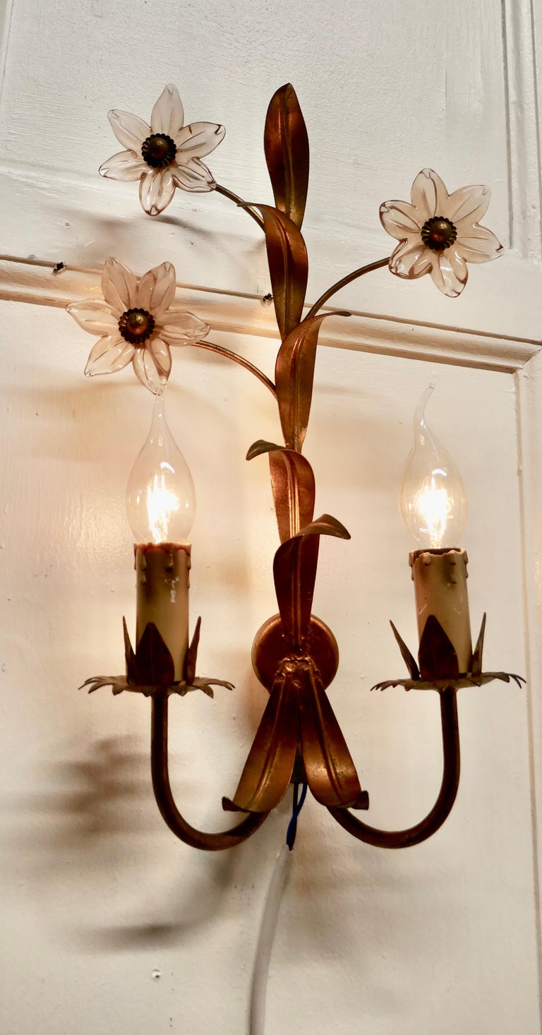 Pair of French Art Deco Pink Glass and Toleware Gilded Wall Lights For