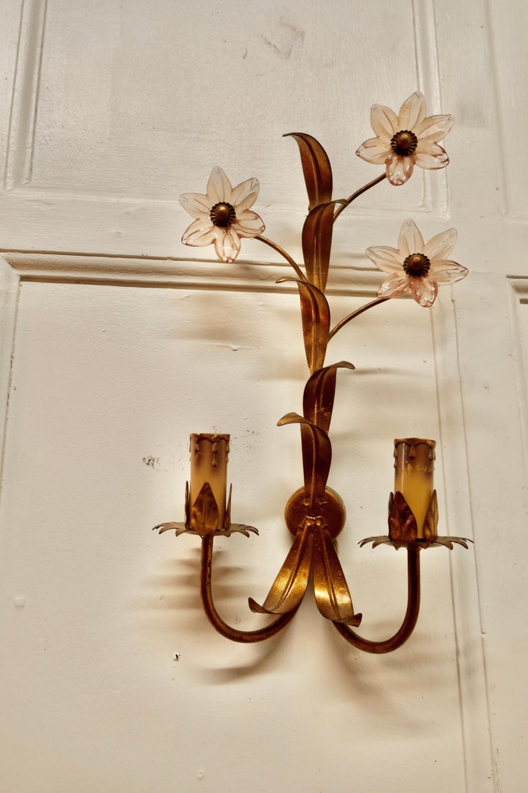 Pair of French Art Deco Pink Glass and Toleware Gilded Wall Lights For