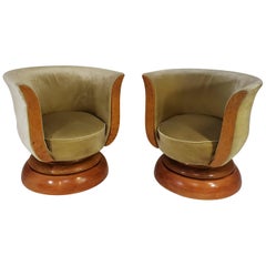 Pair of French Art Deco Revival Swivel Club Chairs