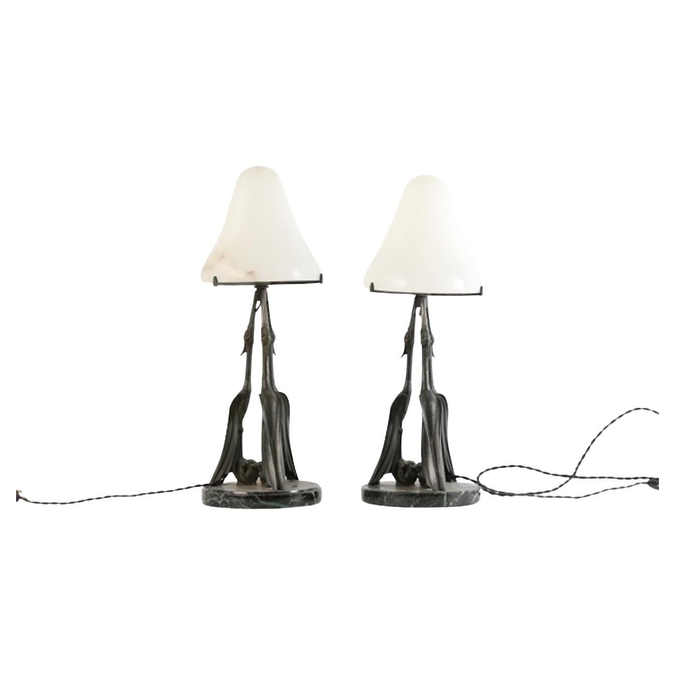 Zwei französische Art-Déco-Tischlampen von Max Le Verrier, Paris, signiert