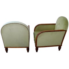 Antique Pair of French Art Deco Walnut Upholstered Club Chairs