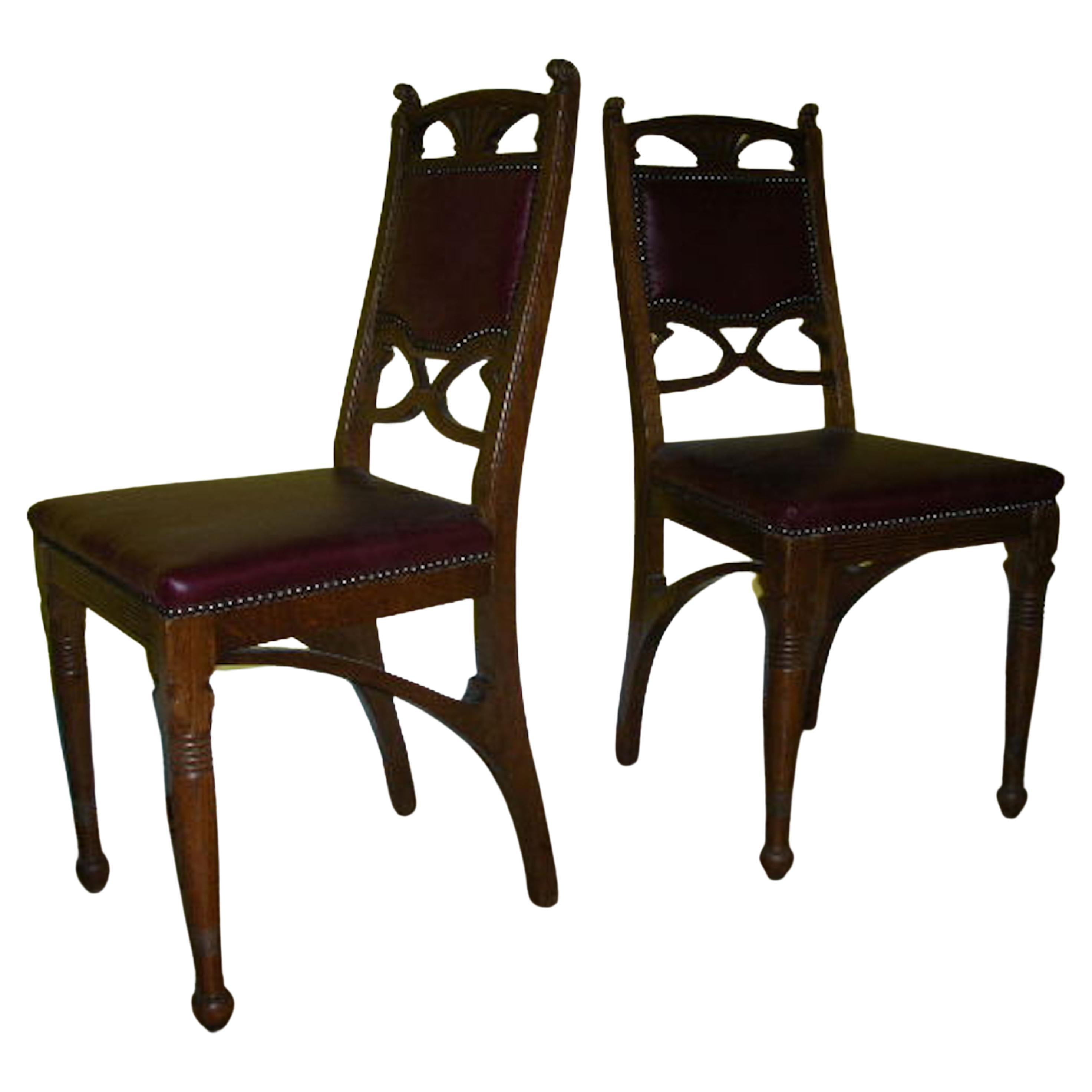 Pair of French Art Nouveau Oak Dining Chairs with Whiplash Side Stretchers