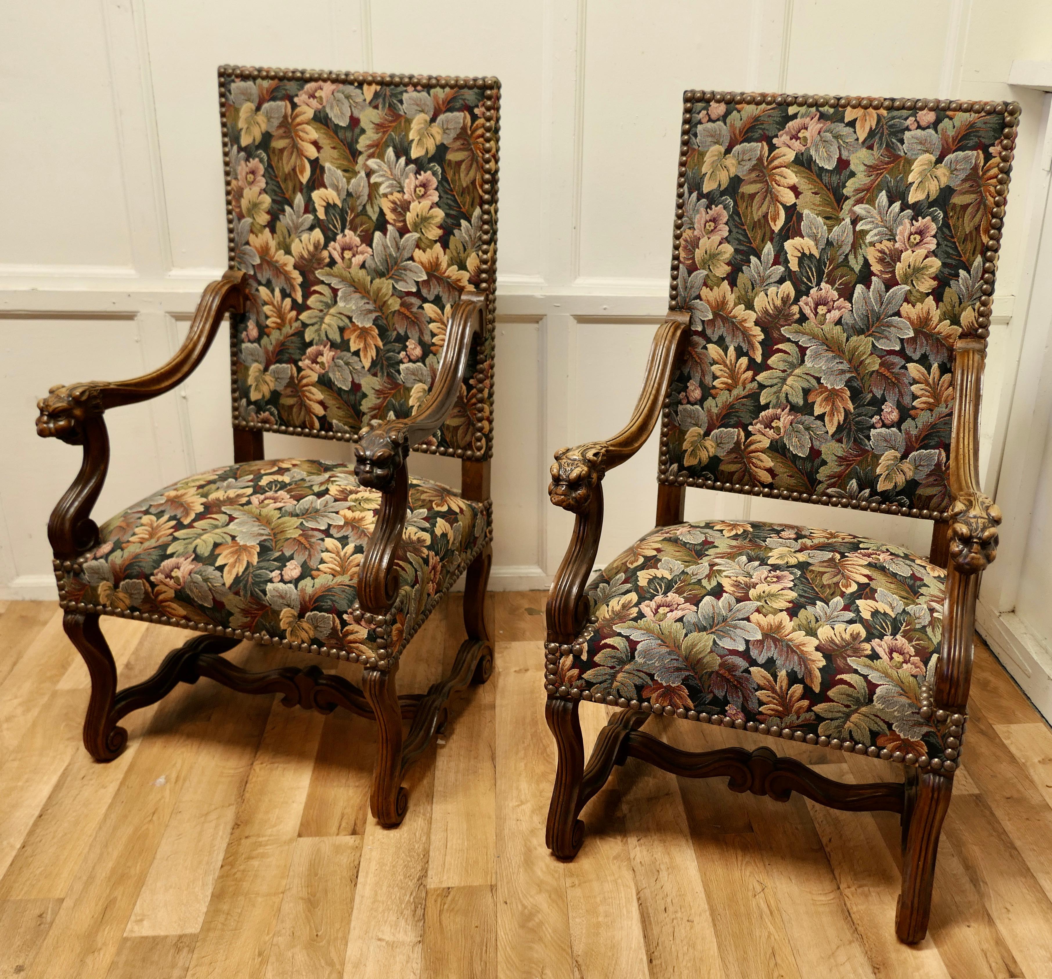 A Pair of French arts and crafts gothic walnut library chairs 

These beautiful chairs date from around 1880, recently upholsterd, the fabric has been especially designed and chosen for these chairs
So from the French Arts and Crafts movement we