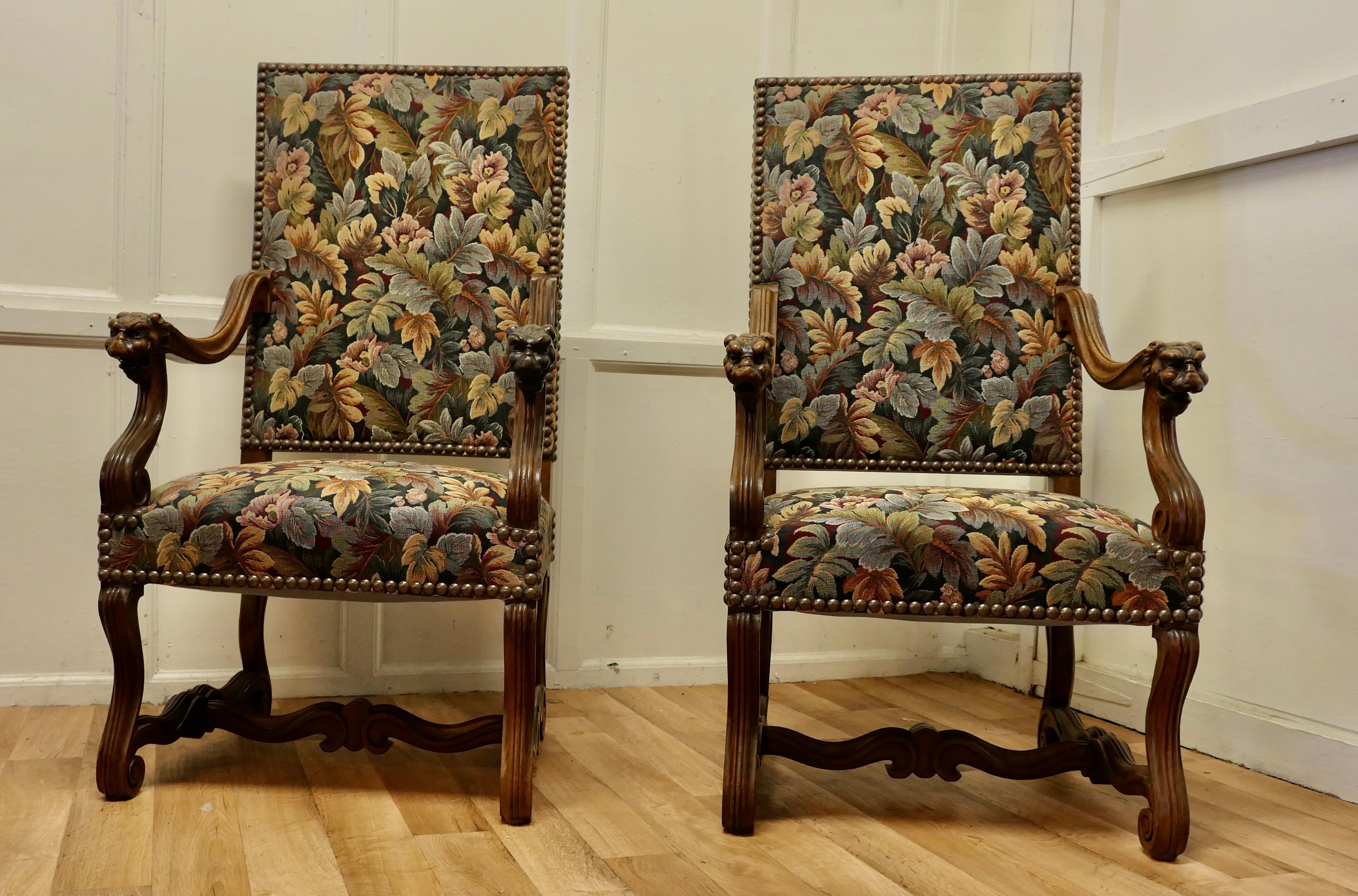 19th Century Pair of French Arts and Crafts Gothic Walnut Library Chairs For Sale