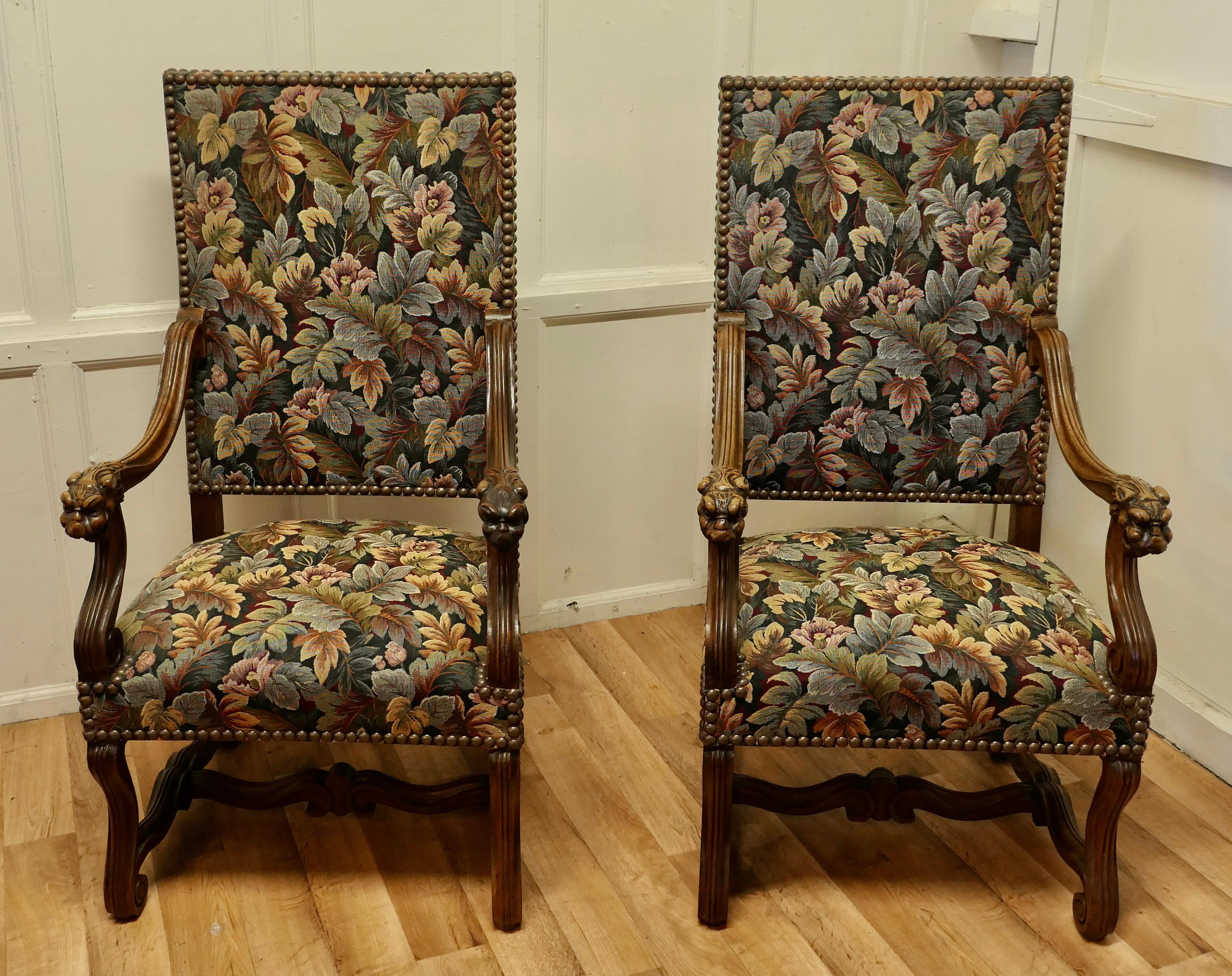 Pair of French Arts and Crafts Gothic Walnut Library Chairs For Sale 1