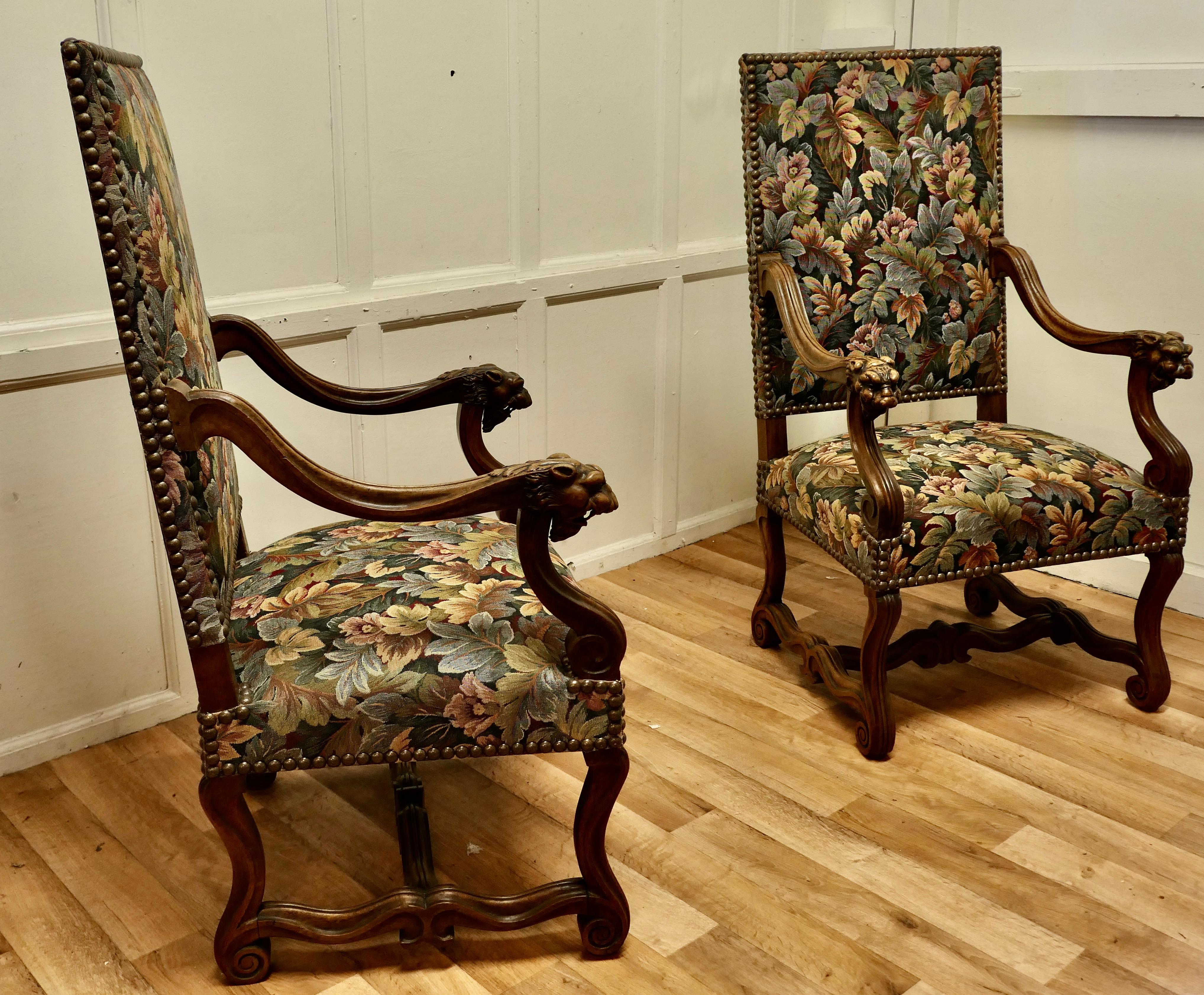 Pair of French Arts and Crafts Gothic Walnut Library Chairs For Sale 2