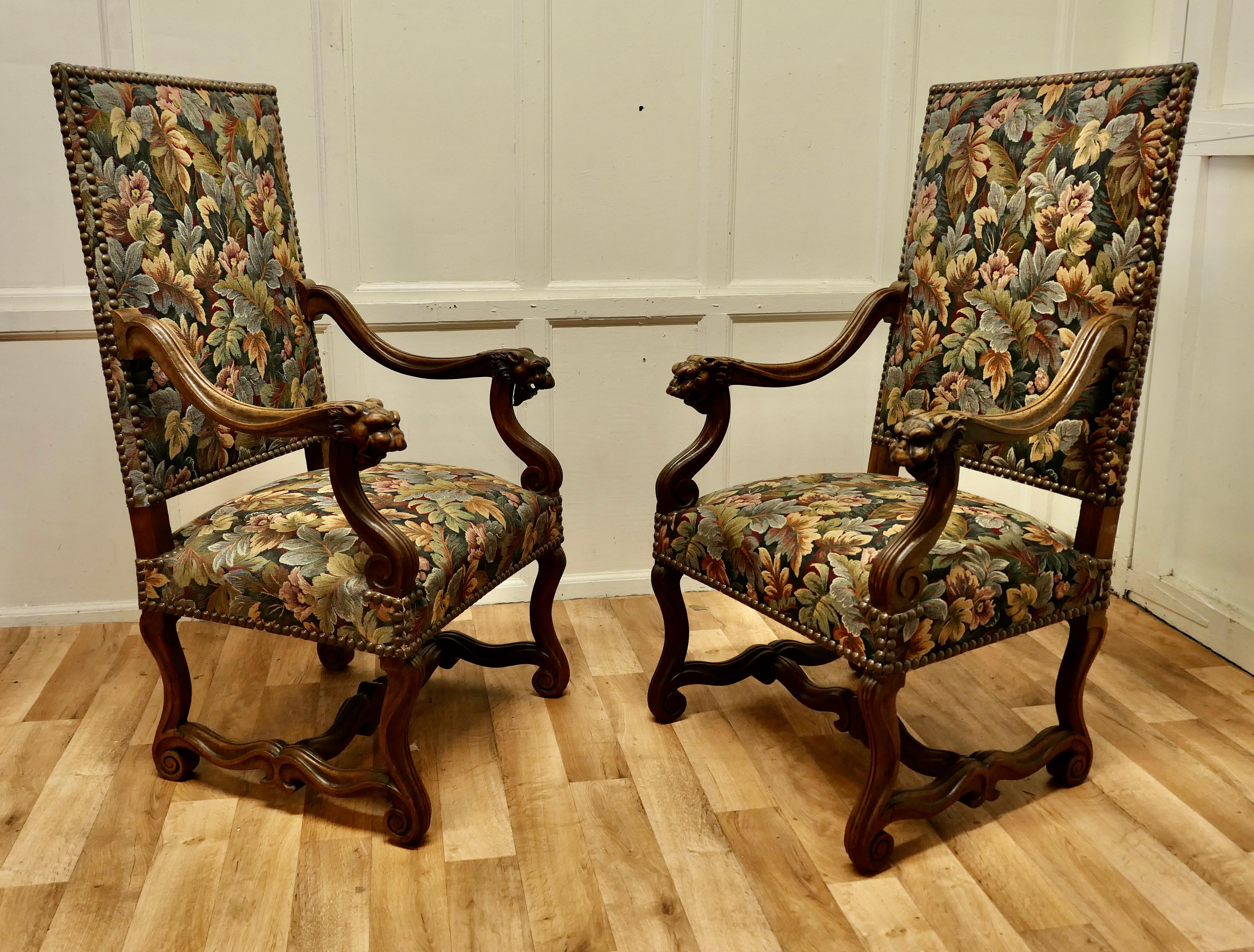 Pair of French Arts and Crafts Gothic Walnut Library Chairs For Sale 3