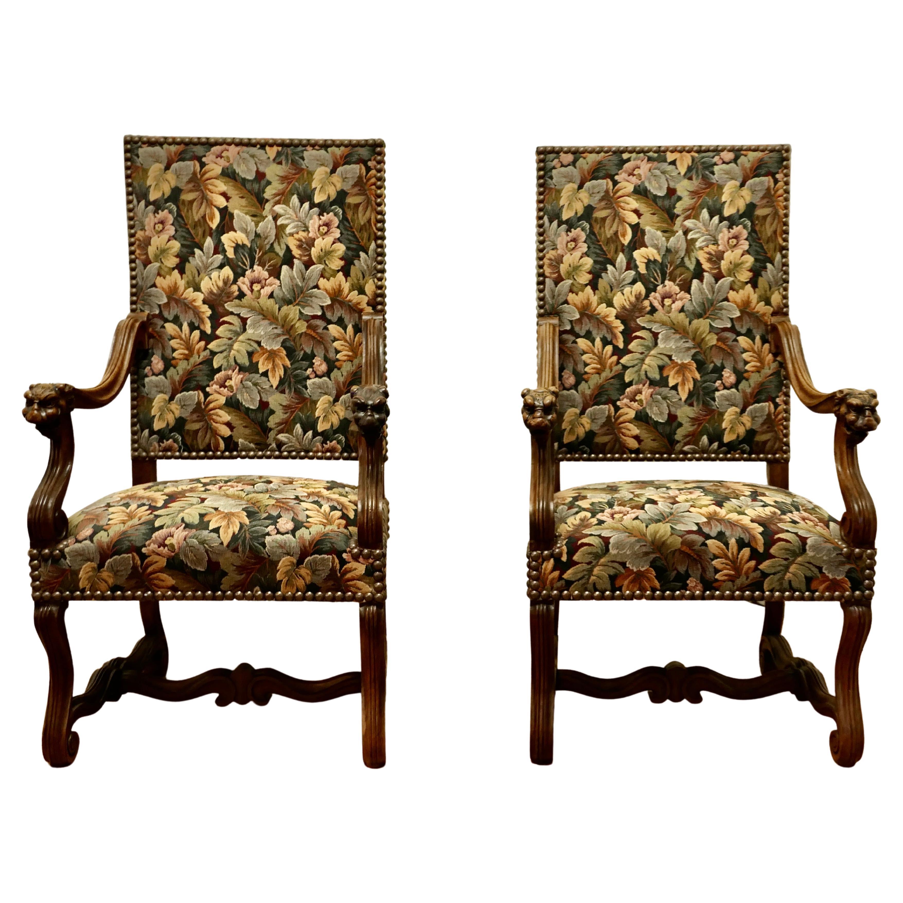 Pair of French Arts and Crafts Gothic Walnut Library Chairs For Sale