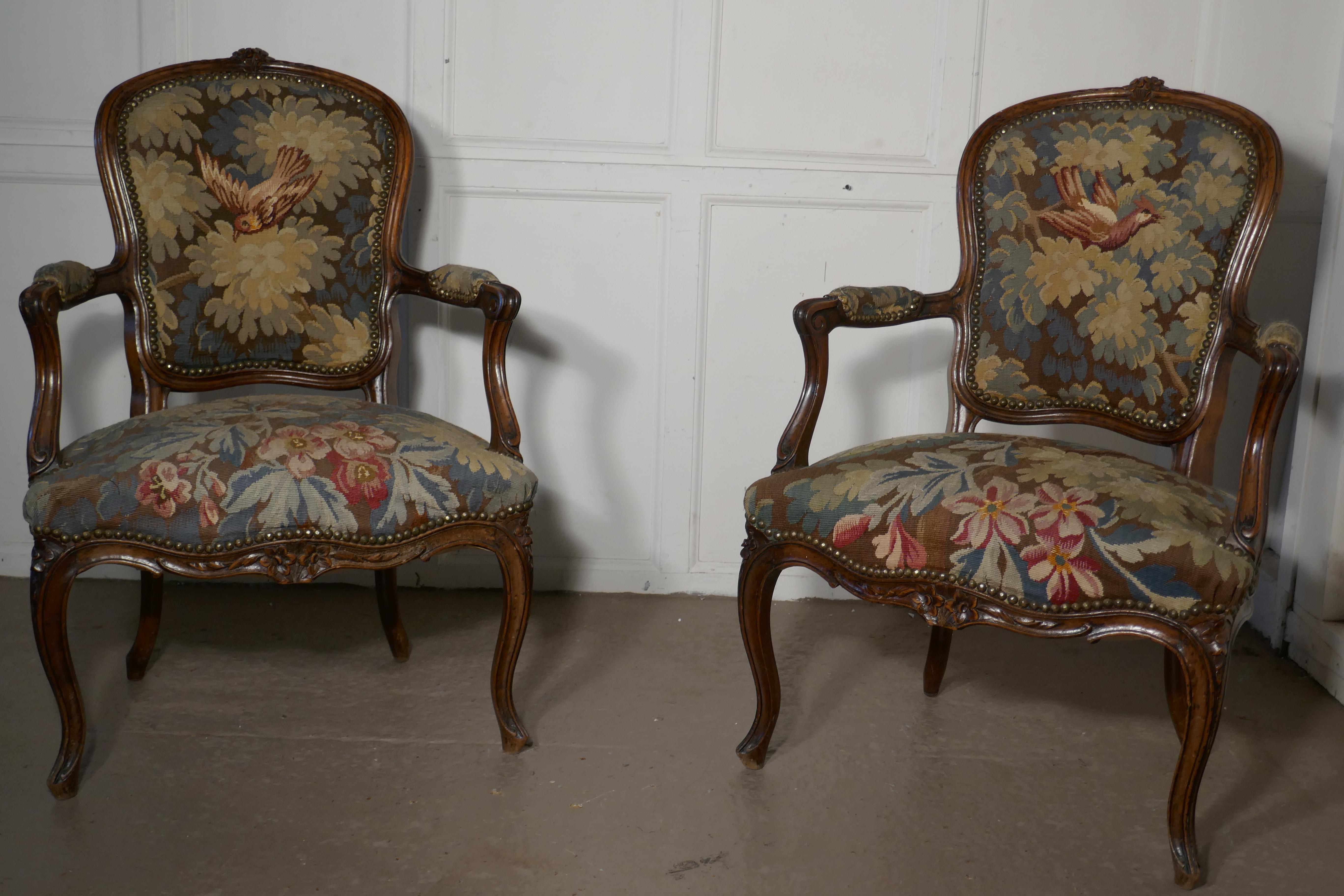 Walnut Pair of French Arts & Crafts Salon Library Chairs