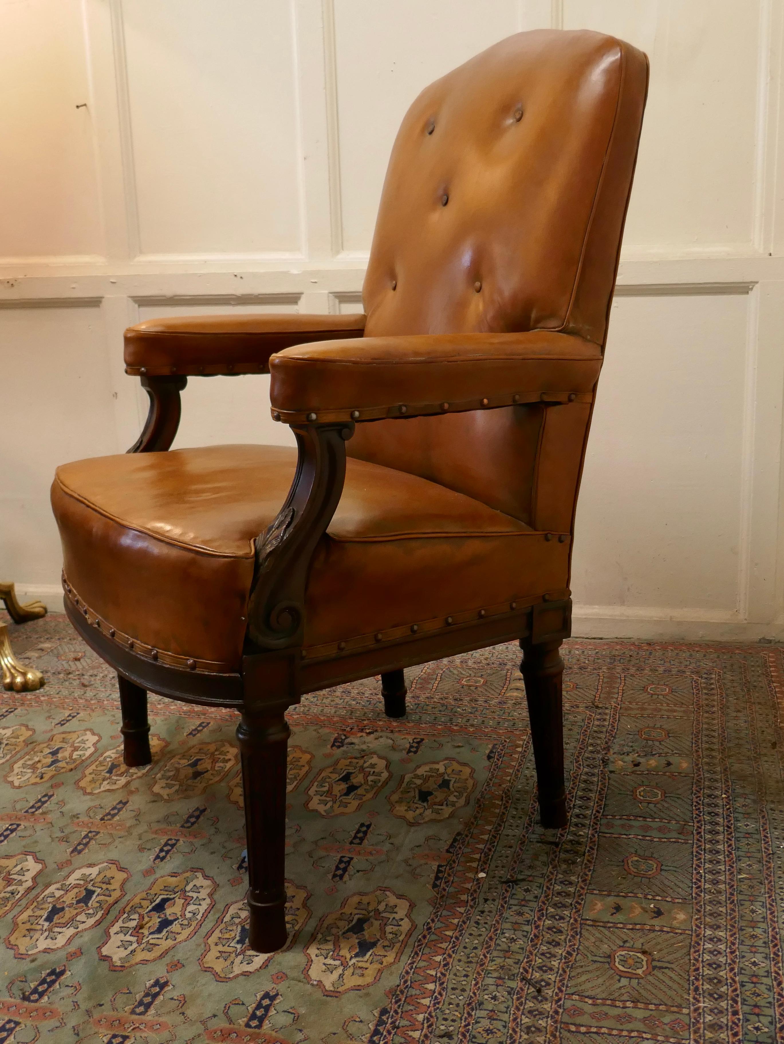 A Pair of French Arts and Crafts salon or library leather chairs

These beautiful chairs are upholstered in soft leather upholstery, they date back to around 1880, and showing only very slight signs of wear, they stand on elegant turned and fluted