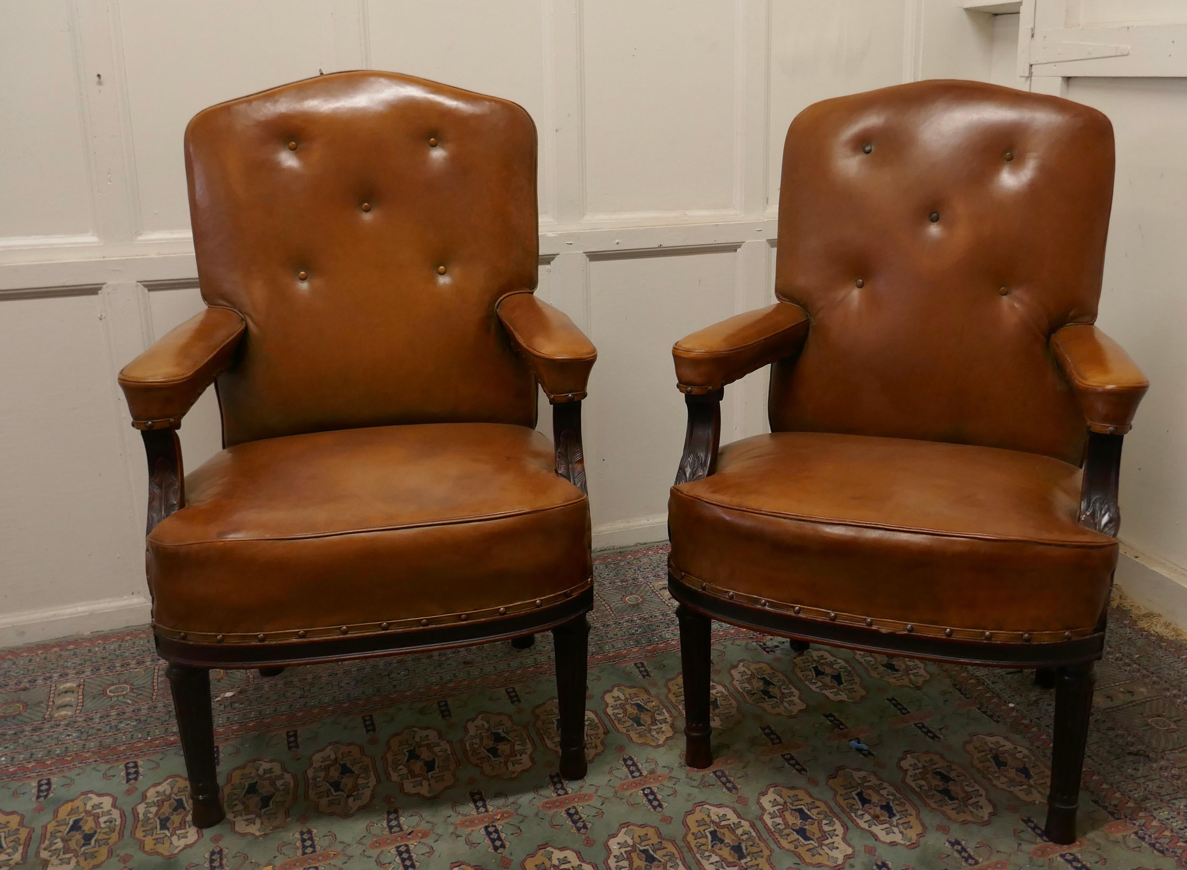 19th Century Pair of French Arts and Crafts Salon or Library Leather Chairs For Sale