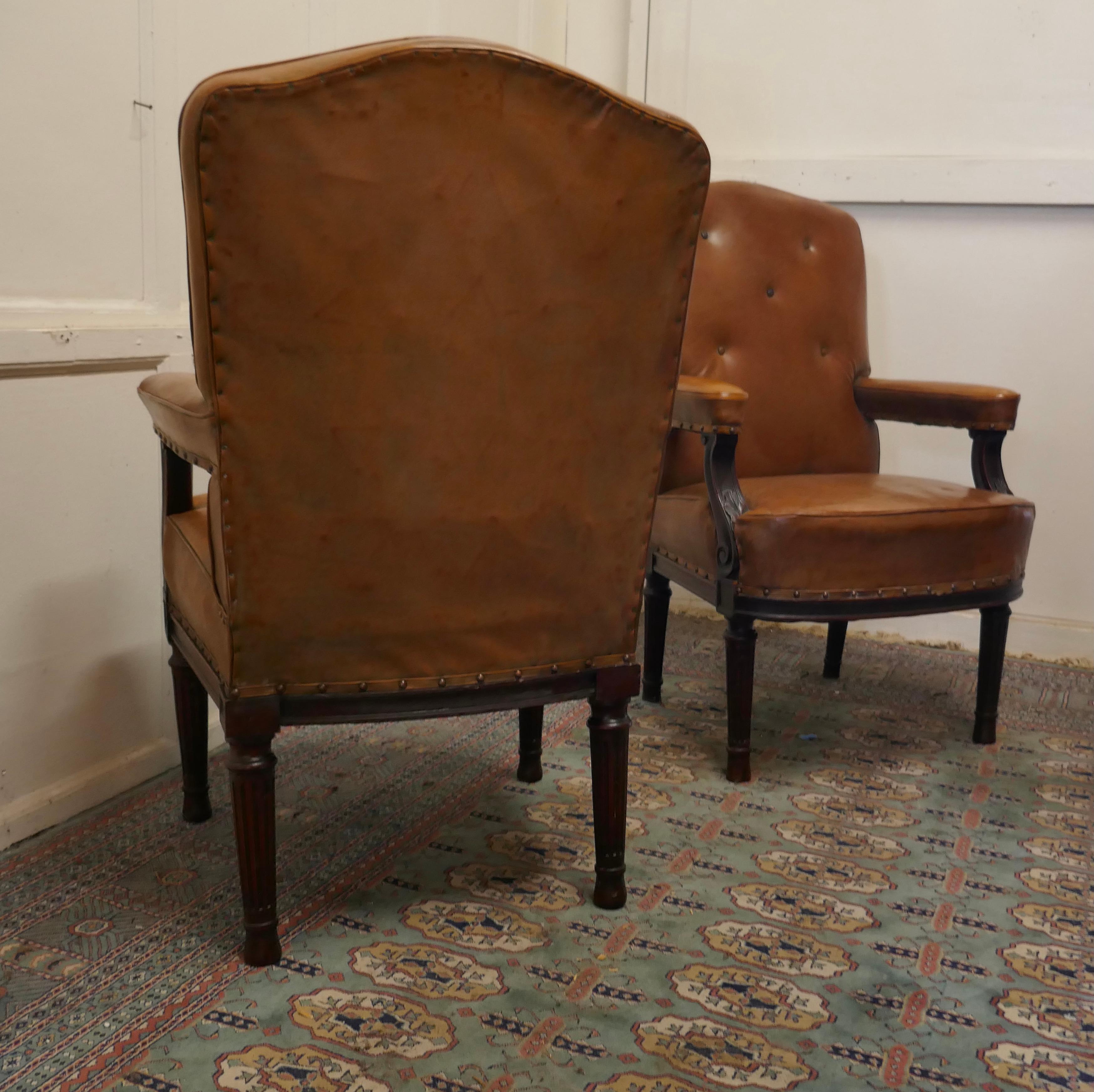 Pair of French Arts and Crafts Salon or Library Leather Chairs For Sale 1