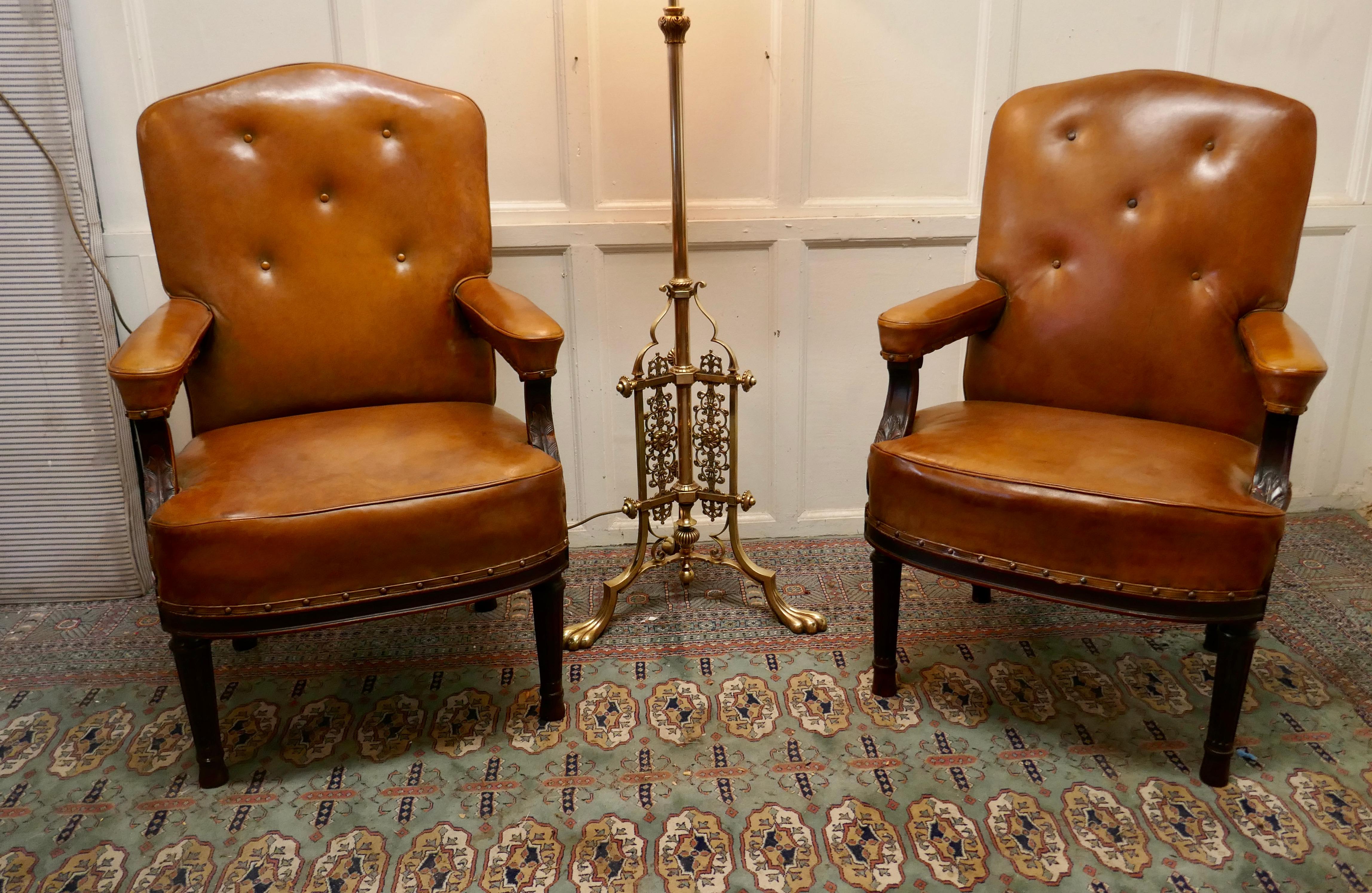 Pair of French Arts and Crafts Salon or Library Leather Chairs For Sale 2