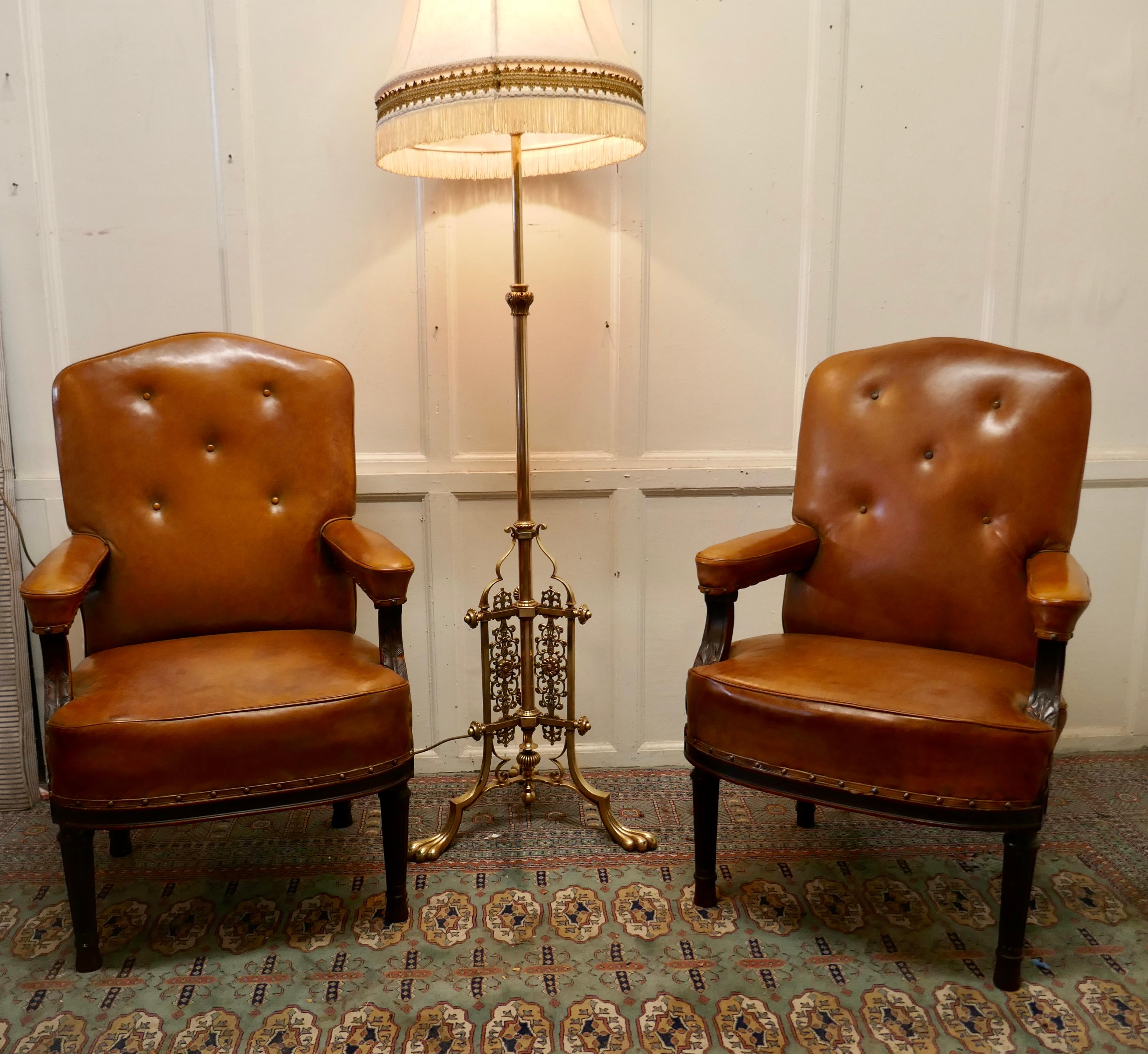 Pair of French Arts and Crafts Salon or Library Leather Chairs For Sale 3