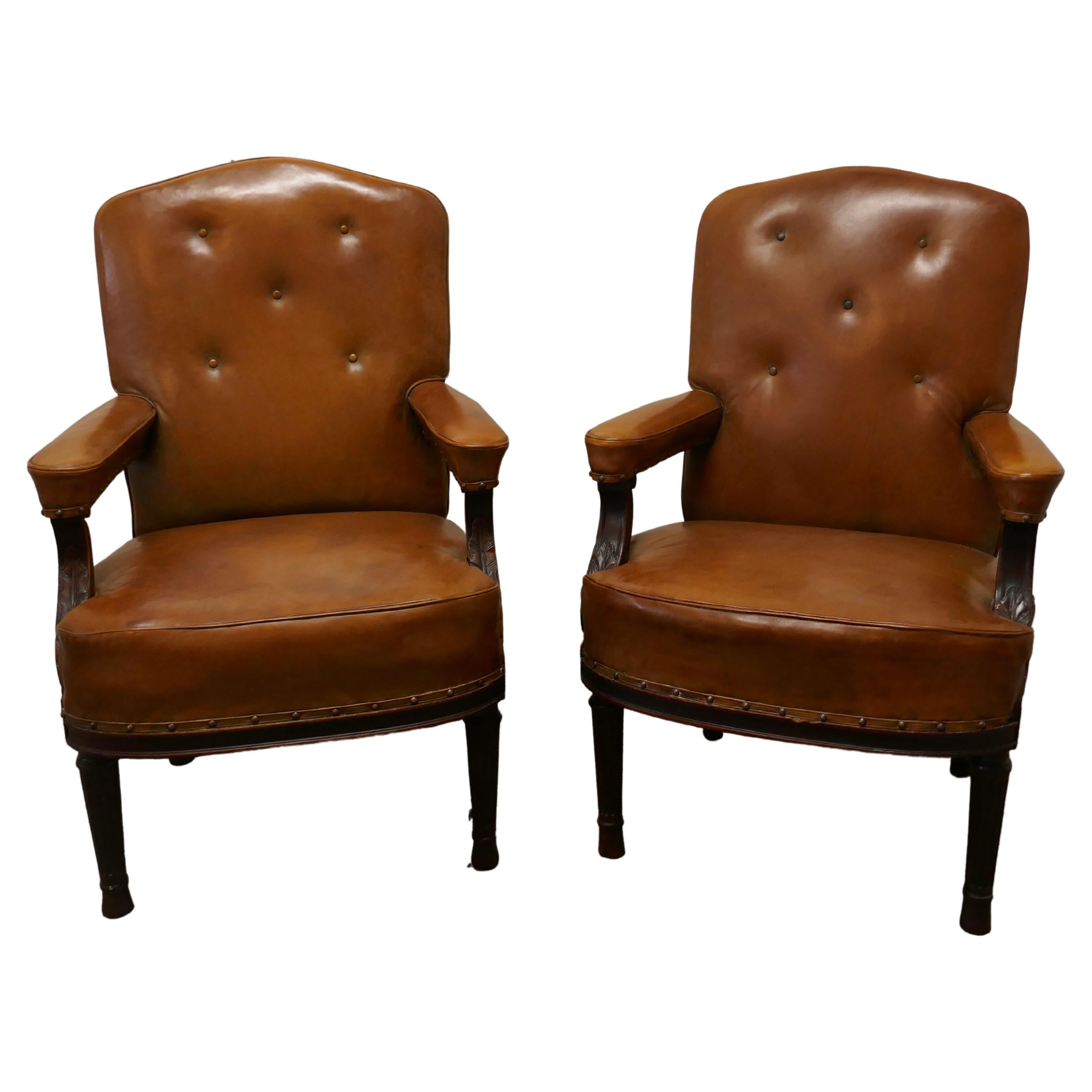 Pair of French Arts and Crafts Salon or Library Leather Chairs For Sale
