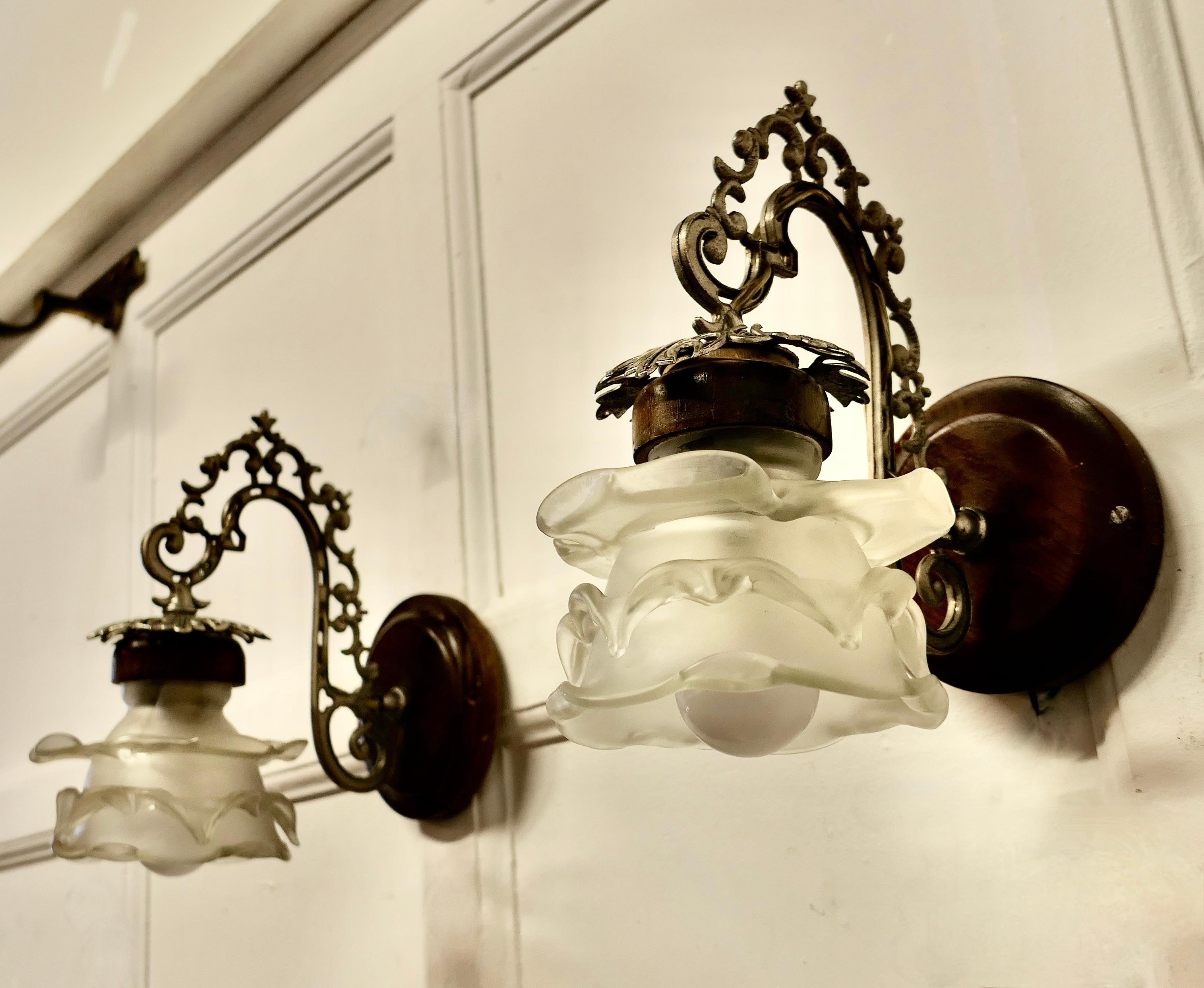 A Pair of French Arts and Crafts Wall Lights with Flower Shades    For Sale 1