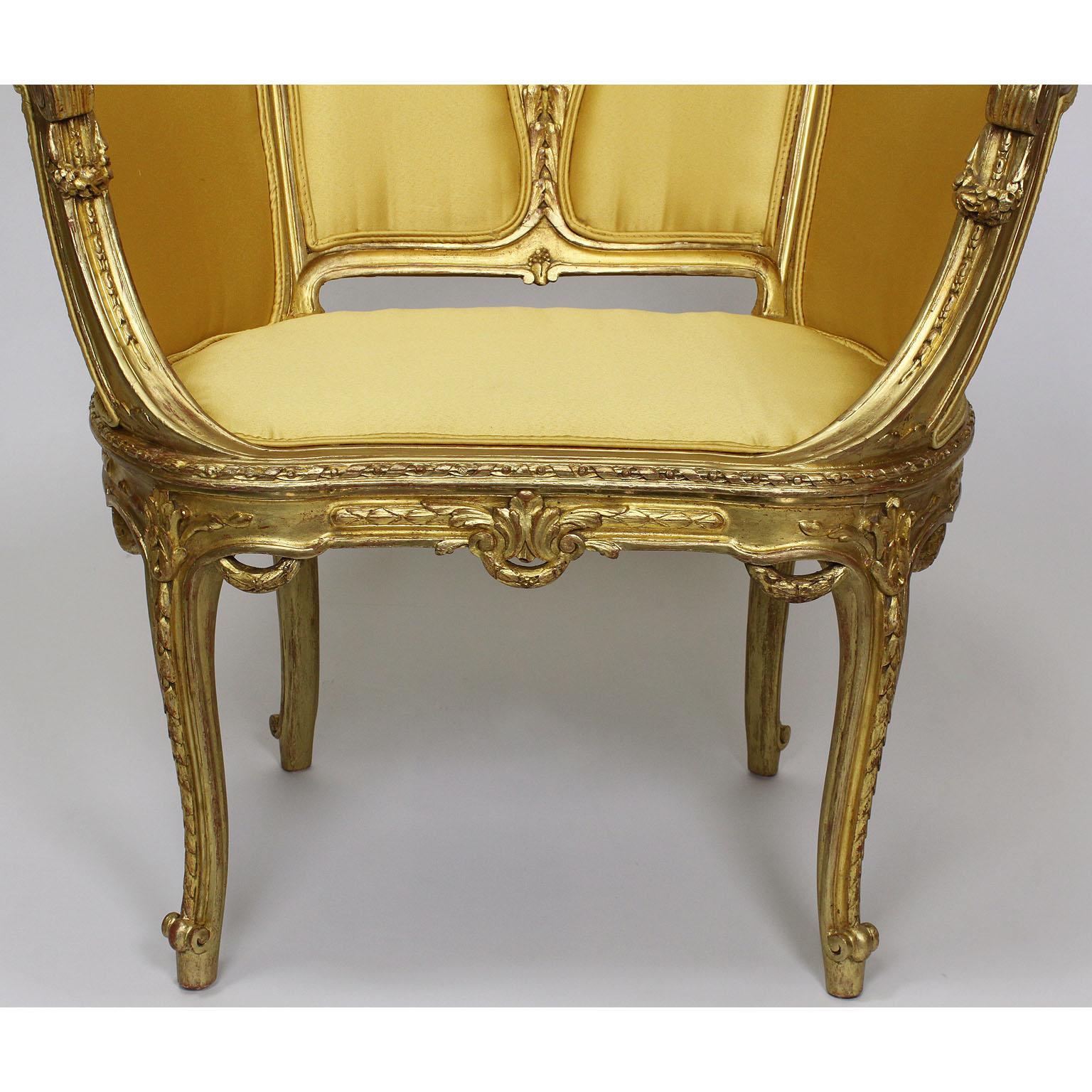 Pair of French Belle Époque Louis XV Style GiltWood Carved Bergère Armchairs For Sale 6