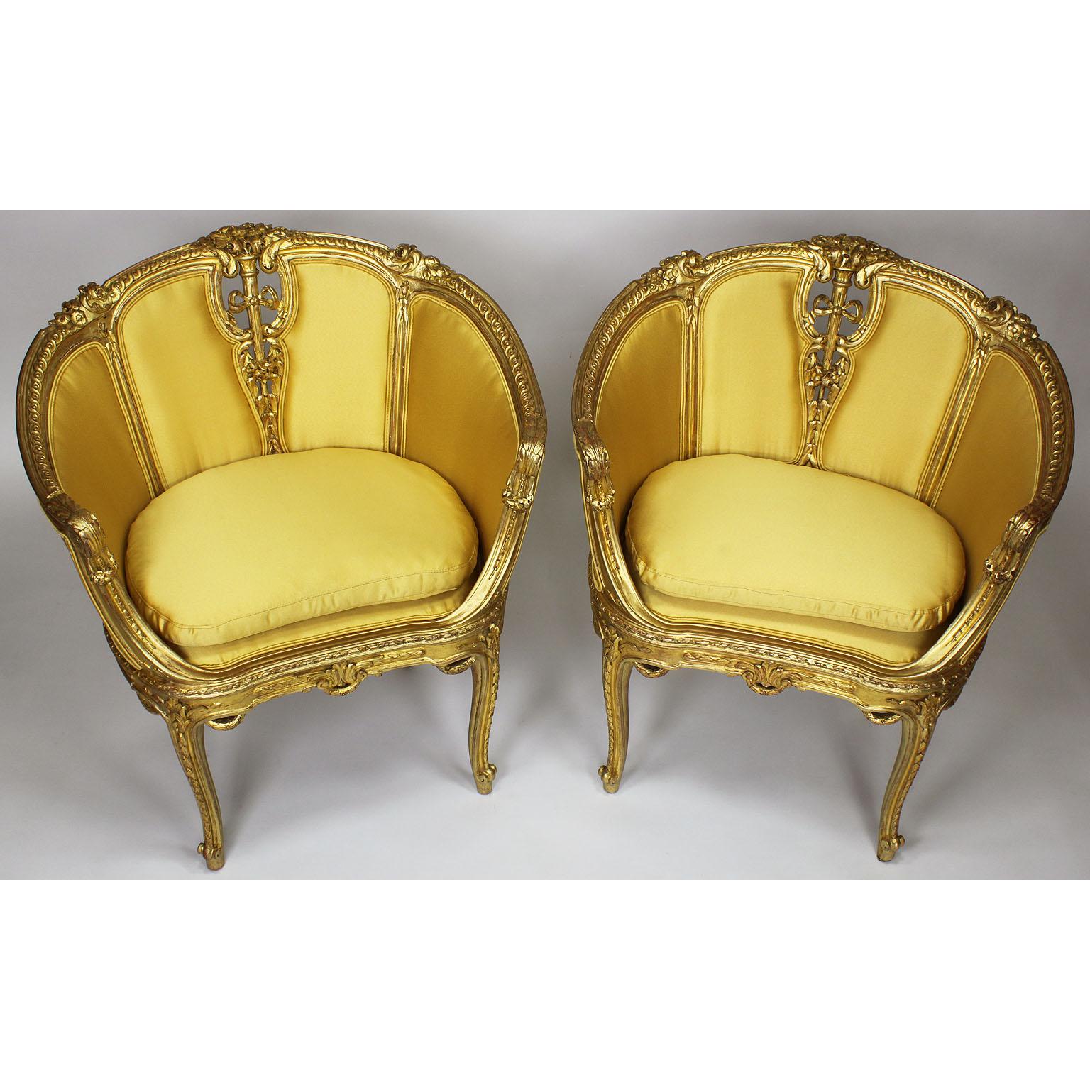 Early 20th Century Pair of French Belle Époque Louis XV Style GiltWood Carved Bergère Armchairs For Sale