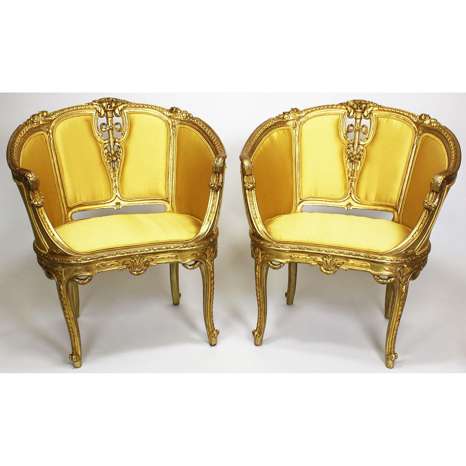 Upholstery Pair of French Belle Époque Louis XV Style GiltWood Carved Bergère Armchairs For Sale