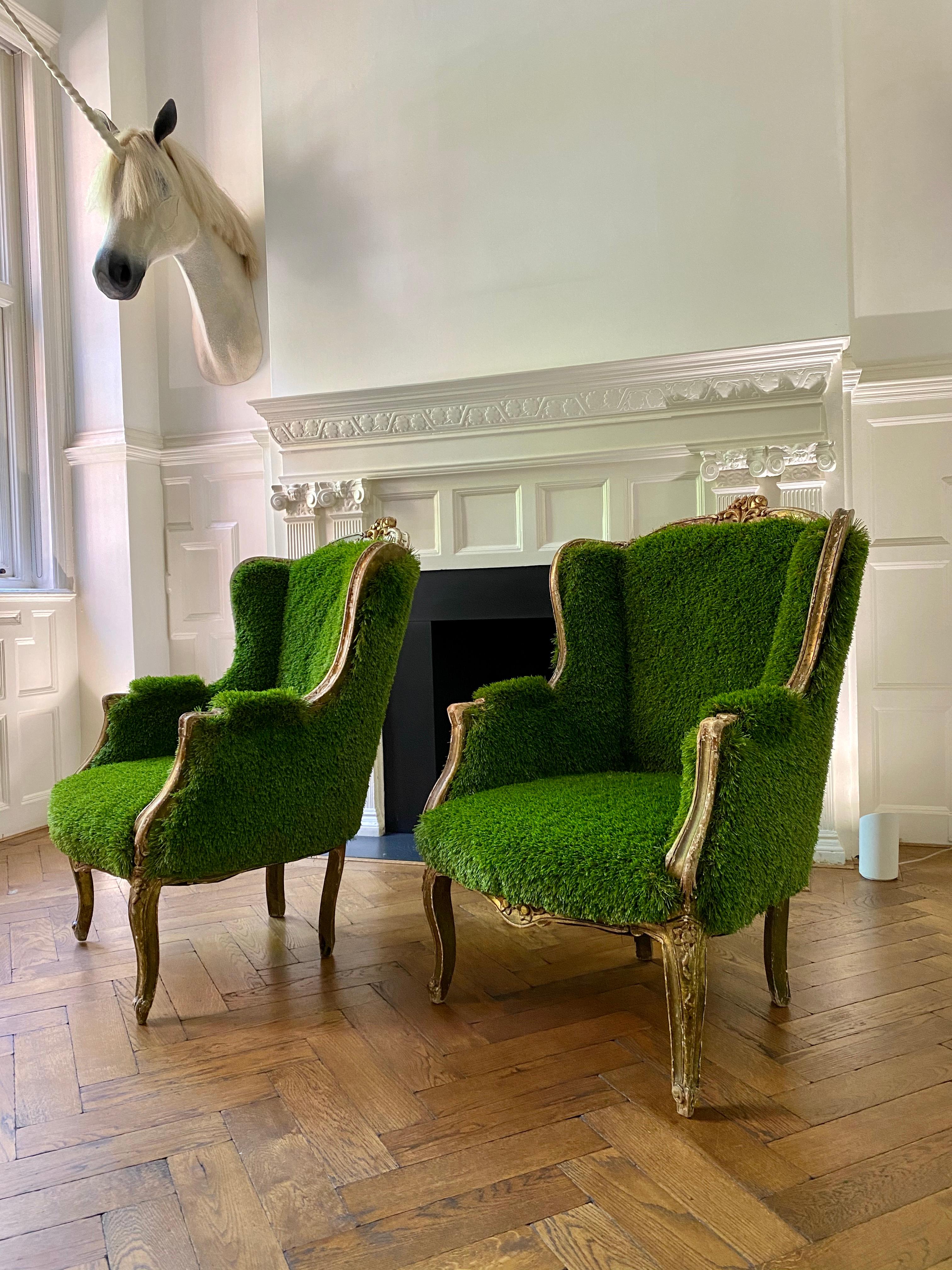 Pair of French Bergère Louis XV Style Chairs Re-Upholstered in Faux Grass 5