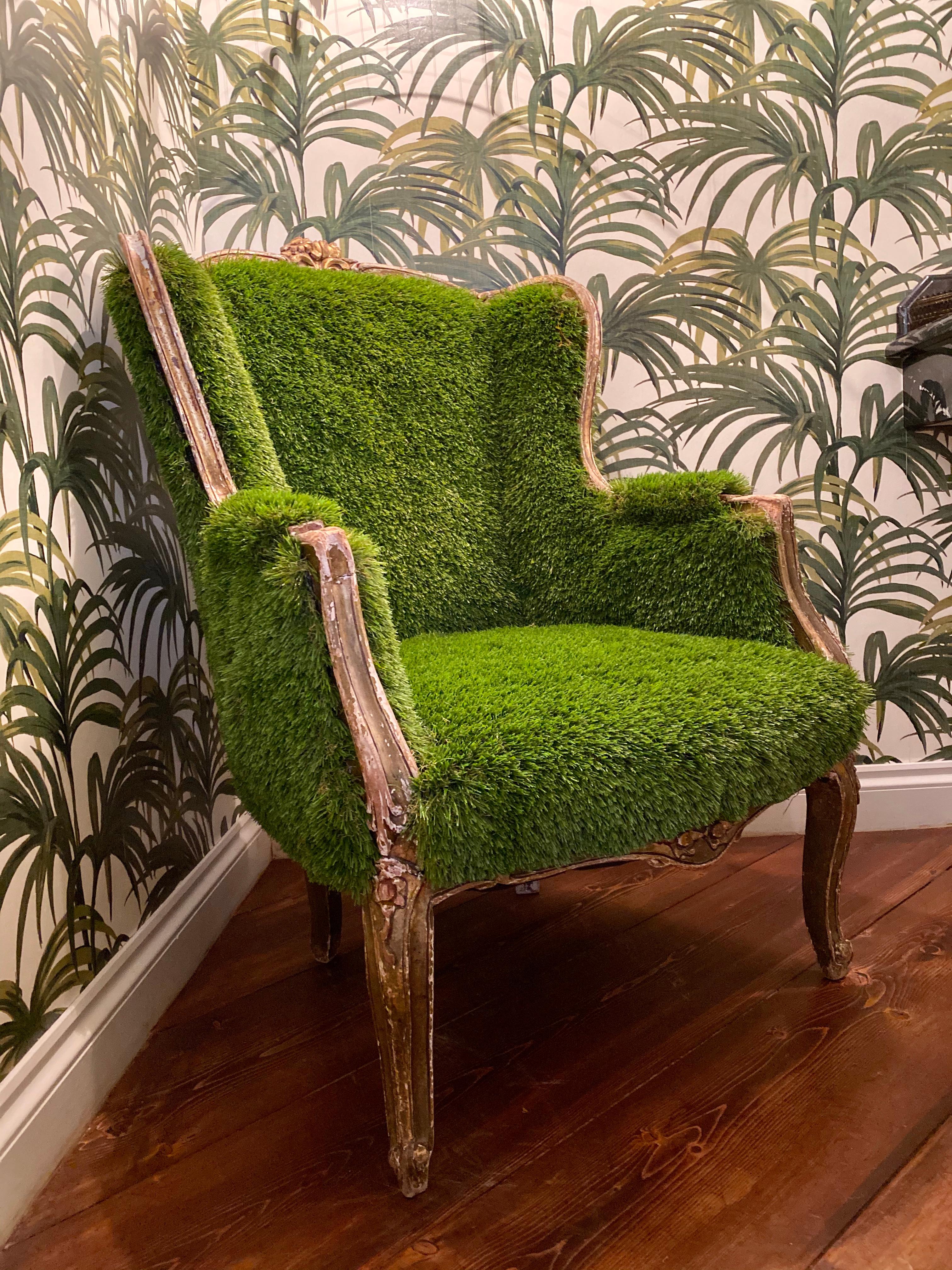 Pair of French Bergère Louis XV Style Chairs Re-Upholstered in Faux Grass 6