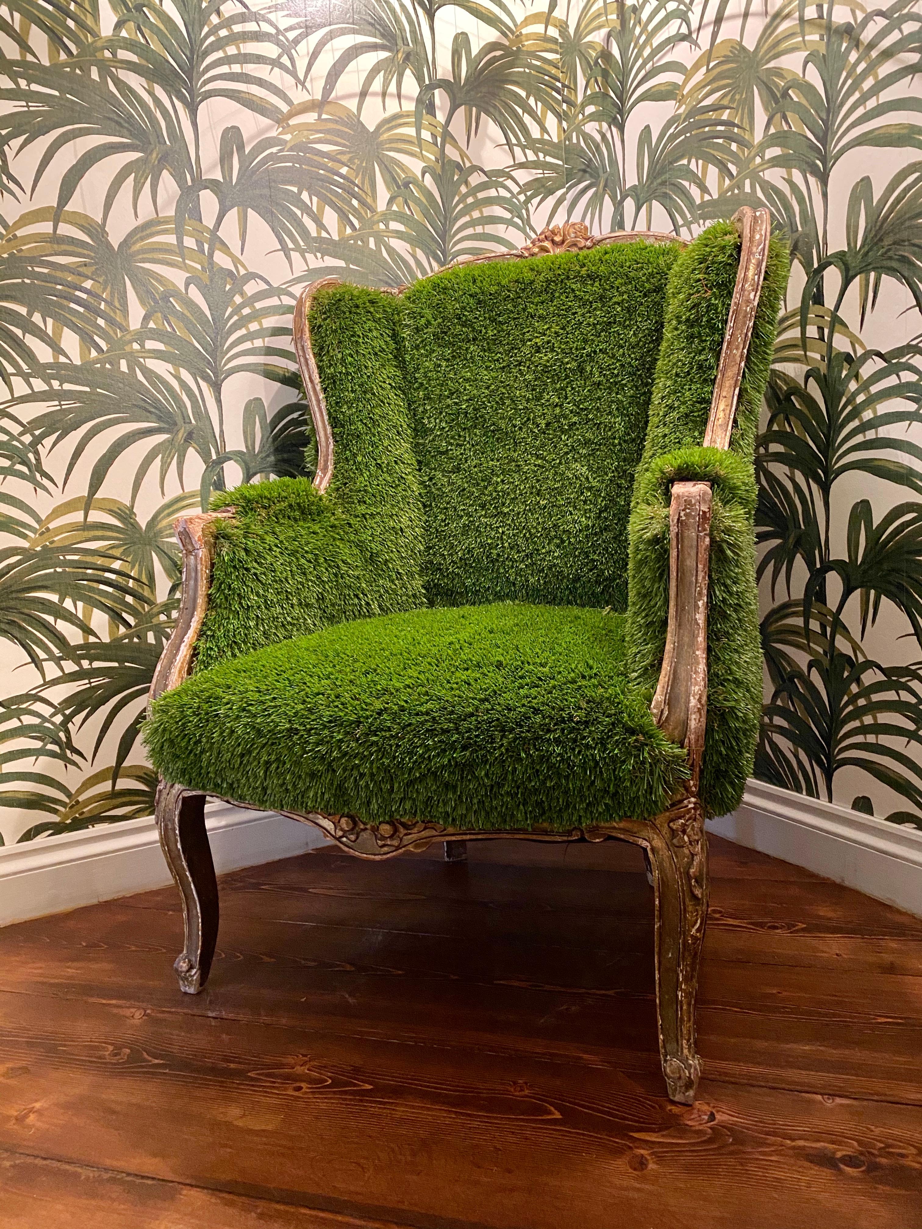 Pair of French Bergère Louis XV Style Chairs Re-Upholstered in Faux Grass 7