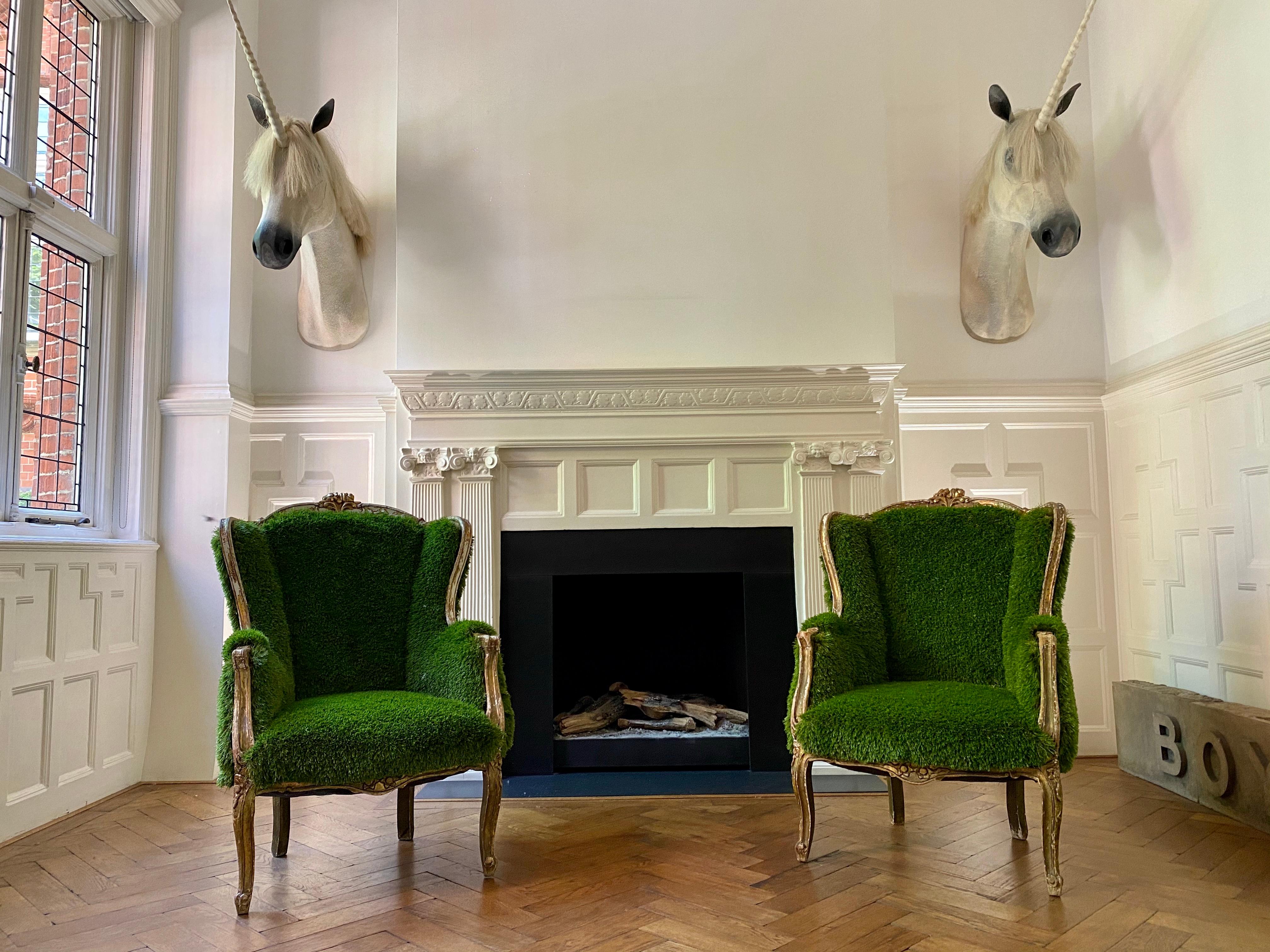 A pair of 20th century bergère chairs re upholstered in Faux Grass, and distressed gilt finish. Introducing a new limited edition selection of pieces from Studio Bucchi. These are early to mid-20th century chairs re upholstered, but the concept will