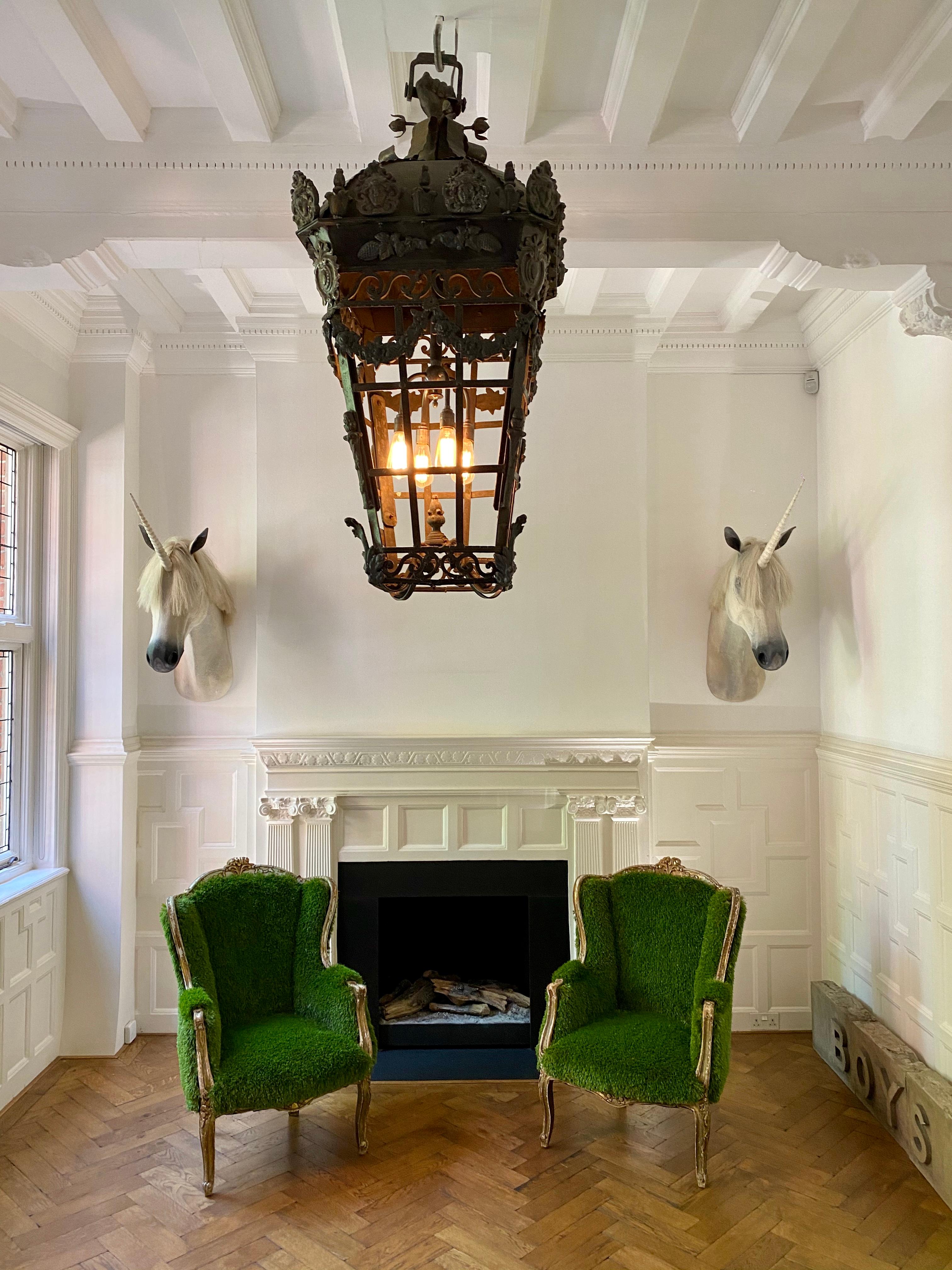 Pair of French Bergère Louis XV Style Chairs Re-Upholstered in Faux Grass In Good Condition In London, GB