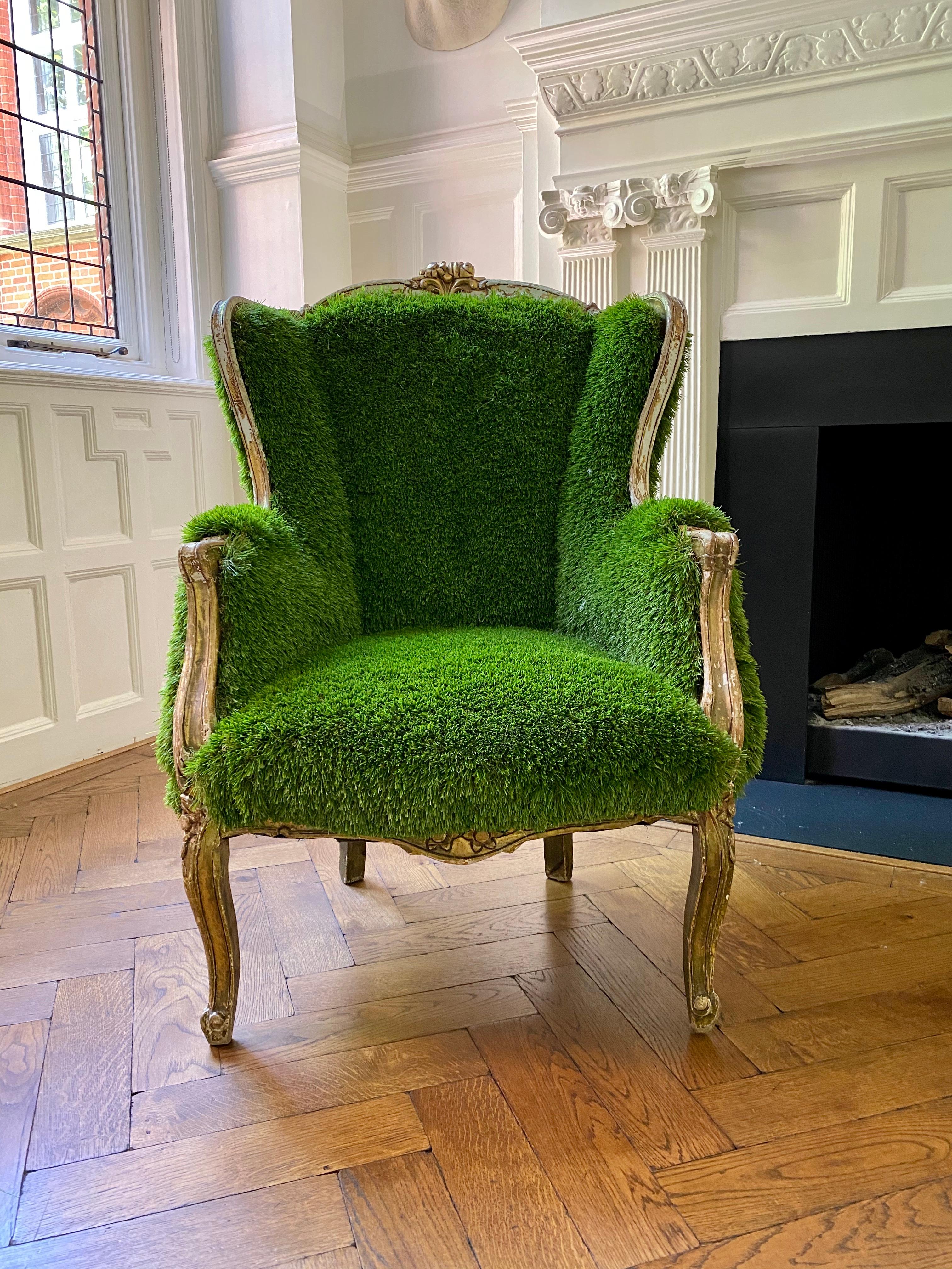20th Century Pair of French Bergère Louis XV Style Chairs Re-Upholstered in Faux Grass