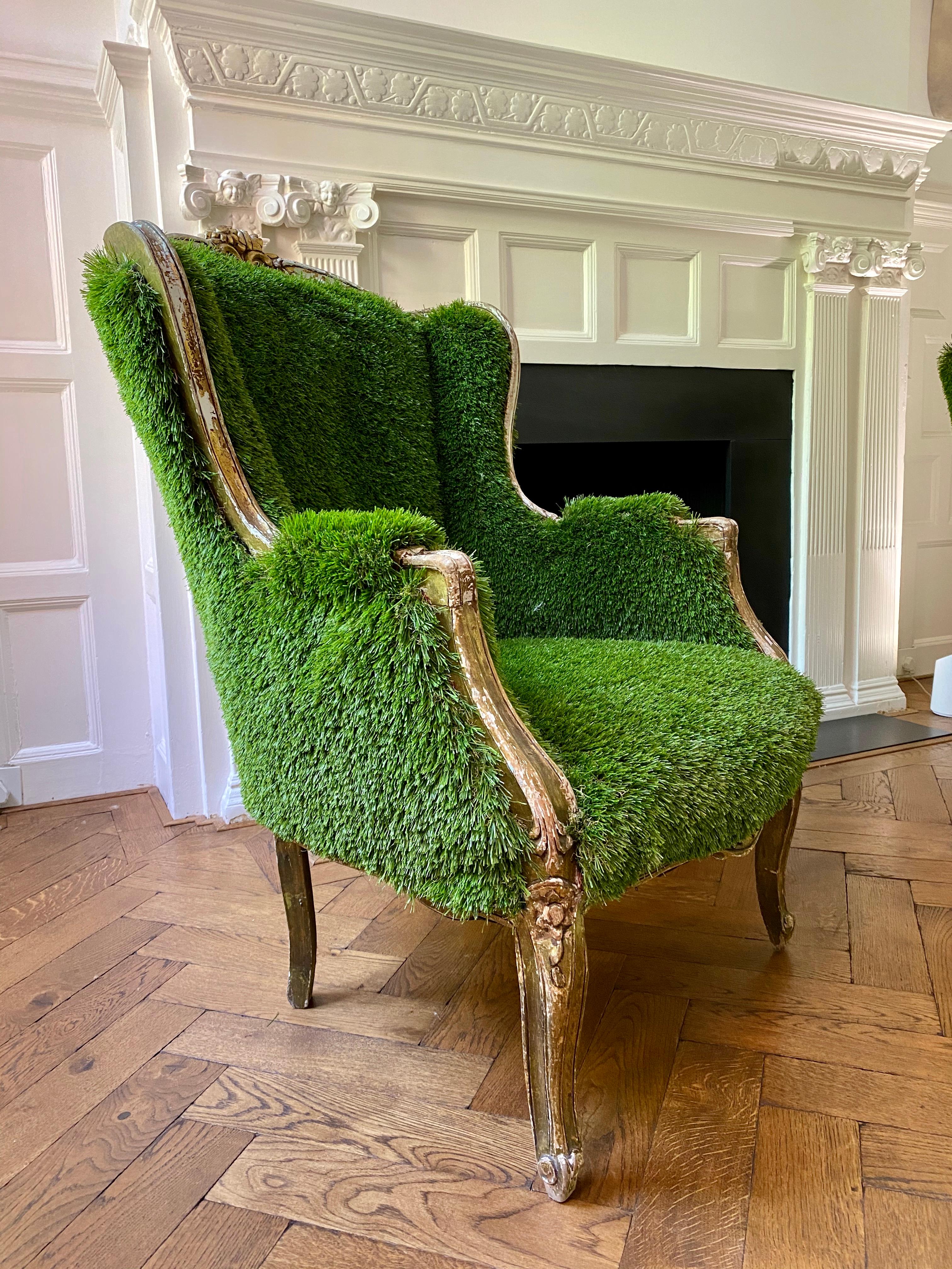 Giltwood Pair of French Bergère Louis XV Style Chairs Re-Upholstered in Faux Grass