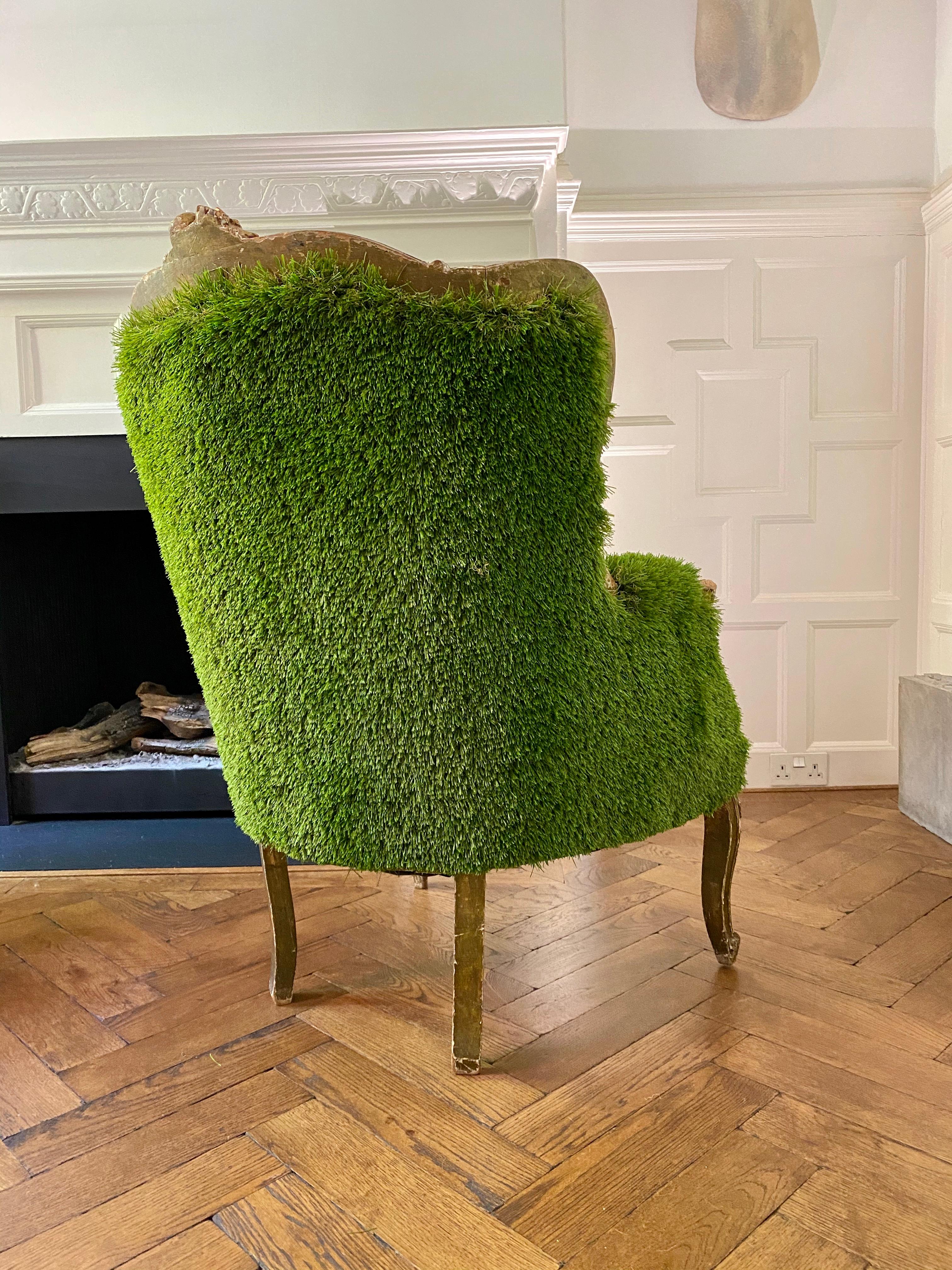Pair of French Bergère Louis XV Style Chairs Re-Upholstered in Faux Grass 3