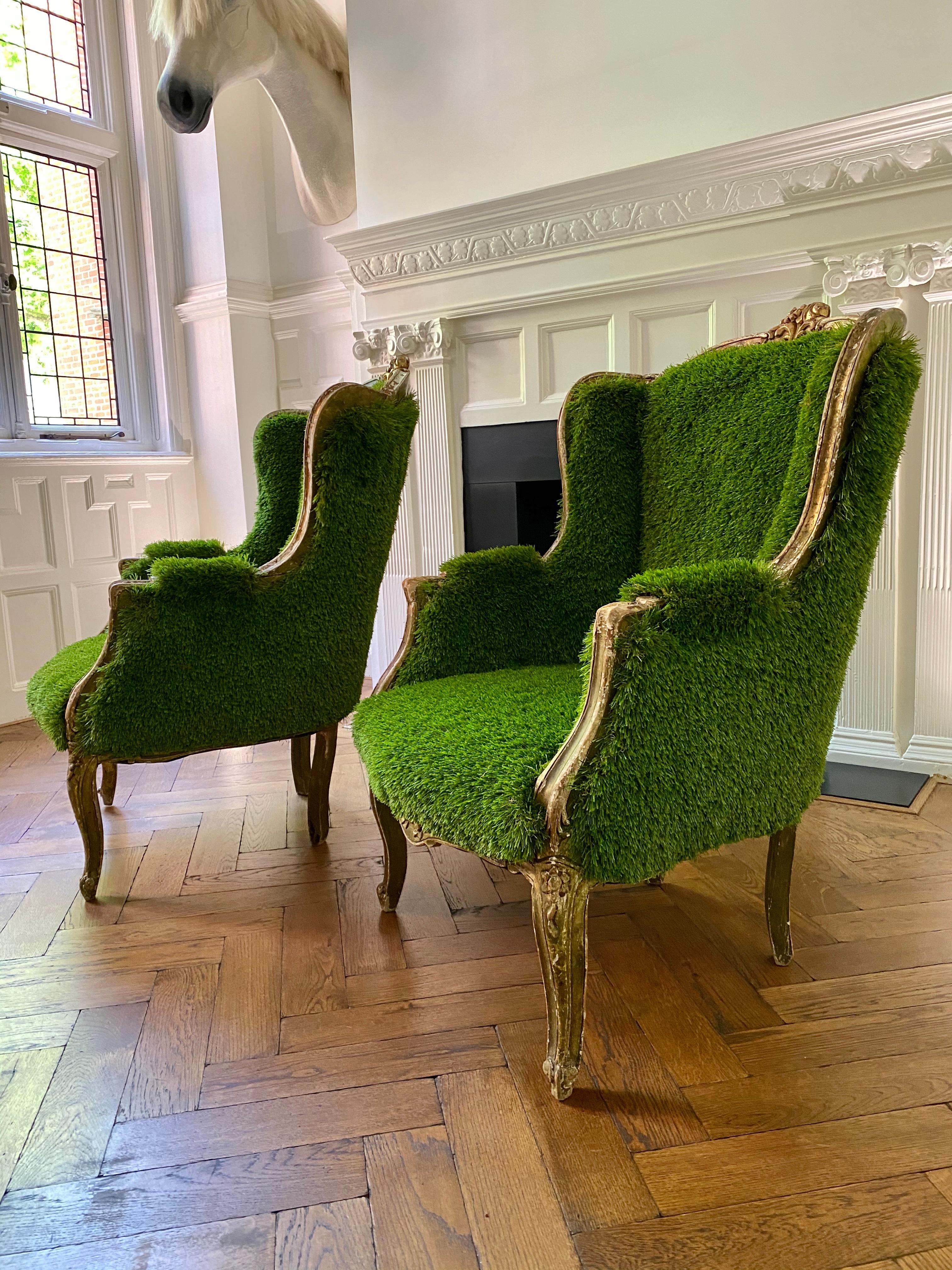 Pair of French Bergère Louis XV Style Chairs Re-Upholstered in Faux Grass 4