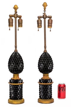 A Pair of French Black Amethyst Crystal Pineapple Form Gilt Bronze Mounted Lamps