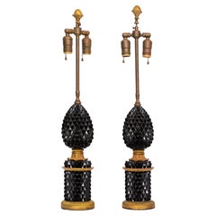 A Pair of French Black Amethyst Crystal Pineapple Form Gilt Bronze Mounted Lamps