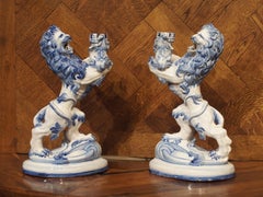 Pair of French Blue and White Roaring Lion Candleholders by Galle, Late 1800s