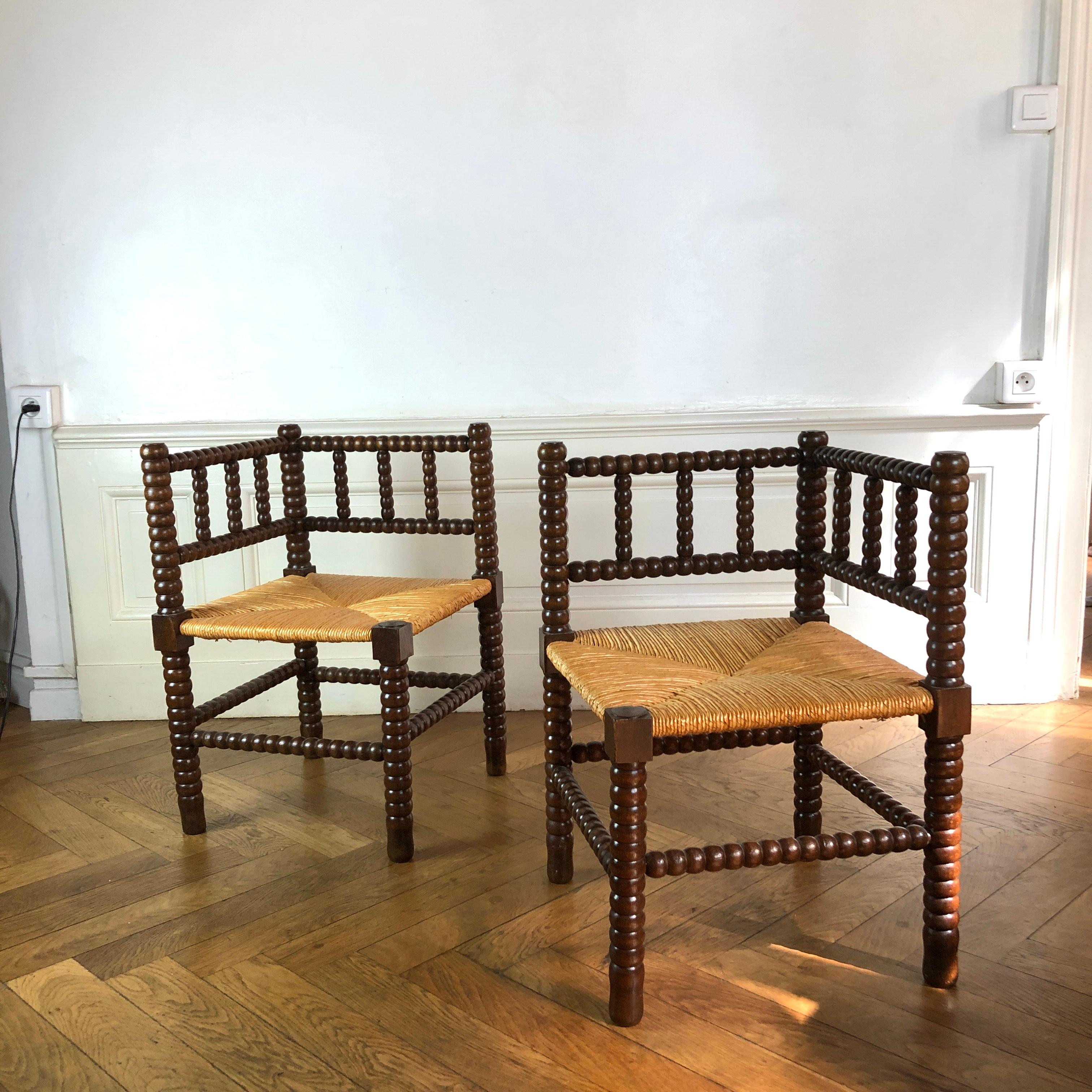 20th Century A pair of French Bobbin Corner chairs For Sale