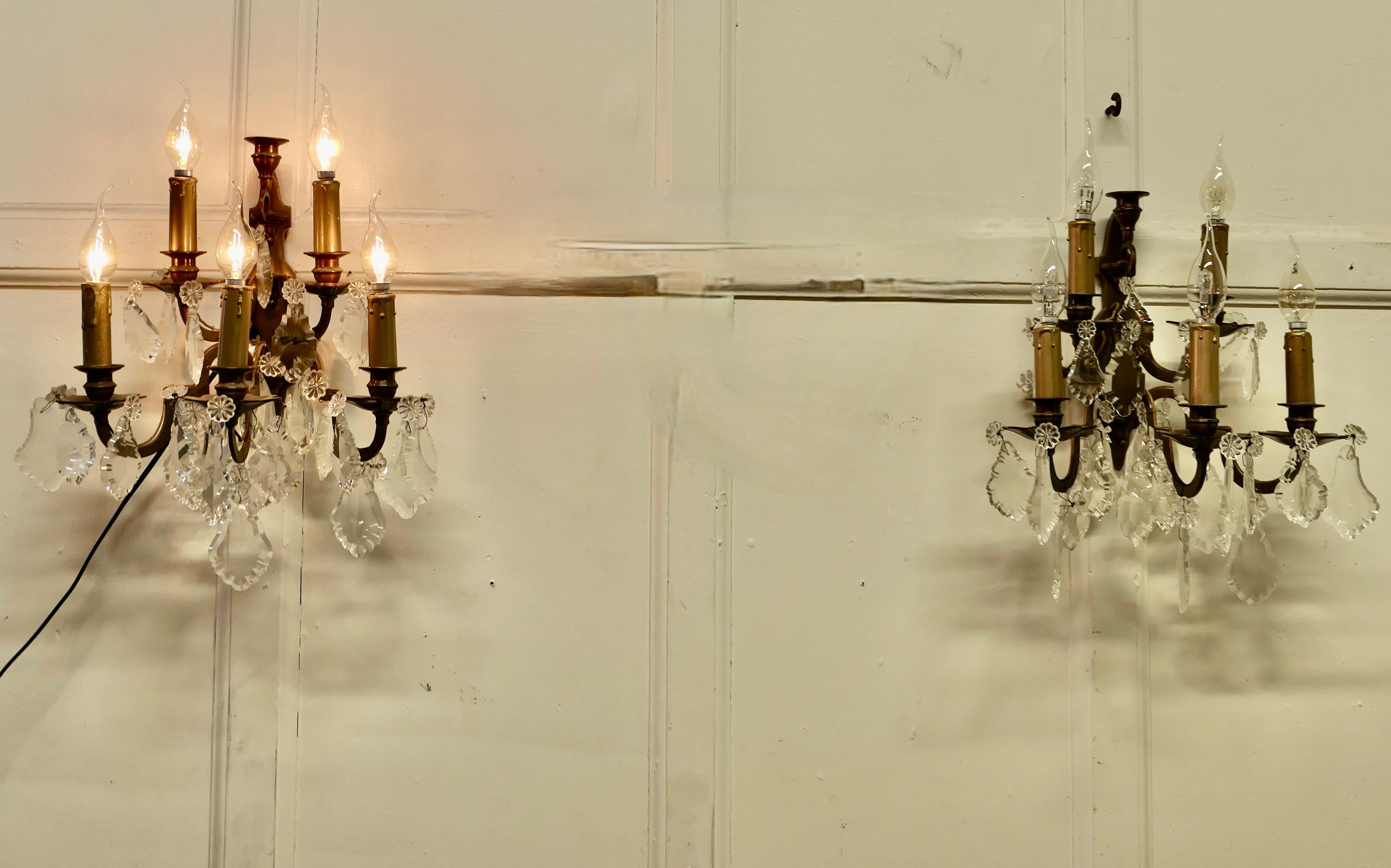Pair of French Brass 5 Branch Wall Light, Chandeliers In Good Condition For Sale In Chillerton, Isle of Wight