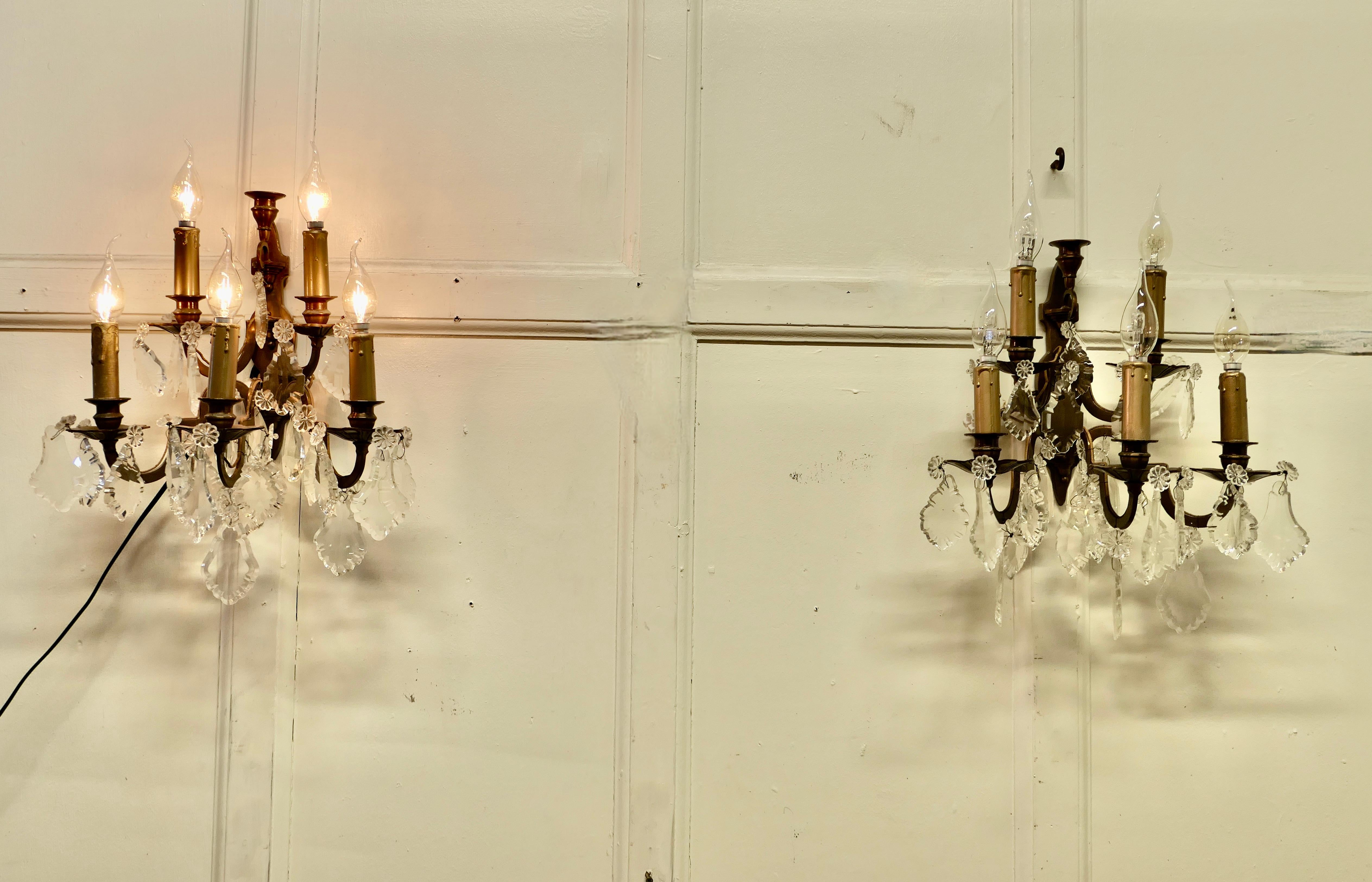 20th Century Pair of French Brass 5 Branch Wall Light, Chandeliers For Sale