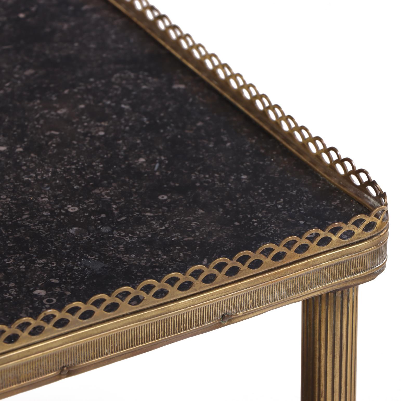 Art Deco A Pair of French Brass and Marble Two-Tier Tables, C. 1945. For Sale