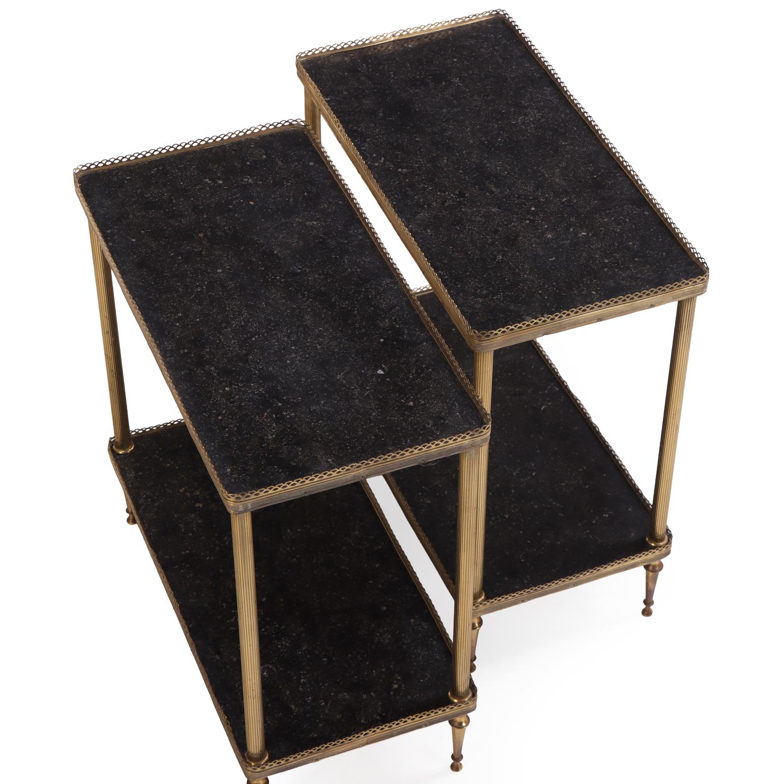 A Pair of French Brass and Marble Two-Tier Tables, C. 1945. For Sale 1